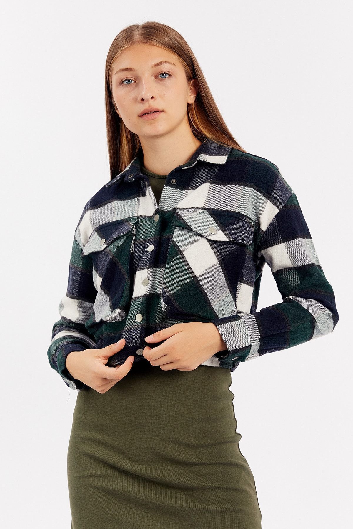 Yeşil Kadın Crop Cepli Ceket | MK21W352963