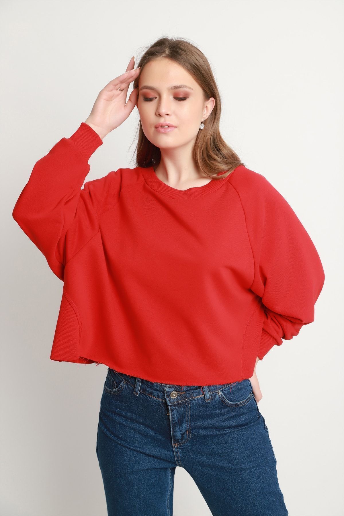 Kırmızı Ribana Detaylı Kadın Swaetshirt | MK20W274759