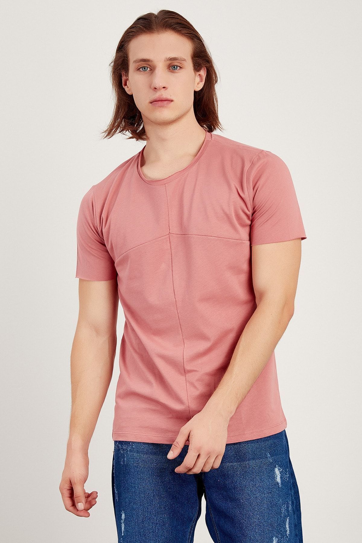 Erkek Pembe Violet Dikiş Detaylı T-shirt  Me20s214780
