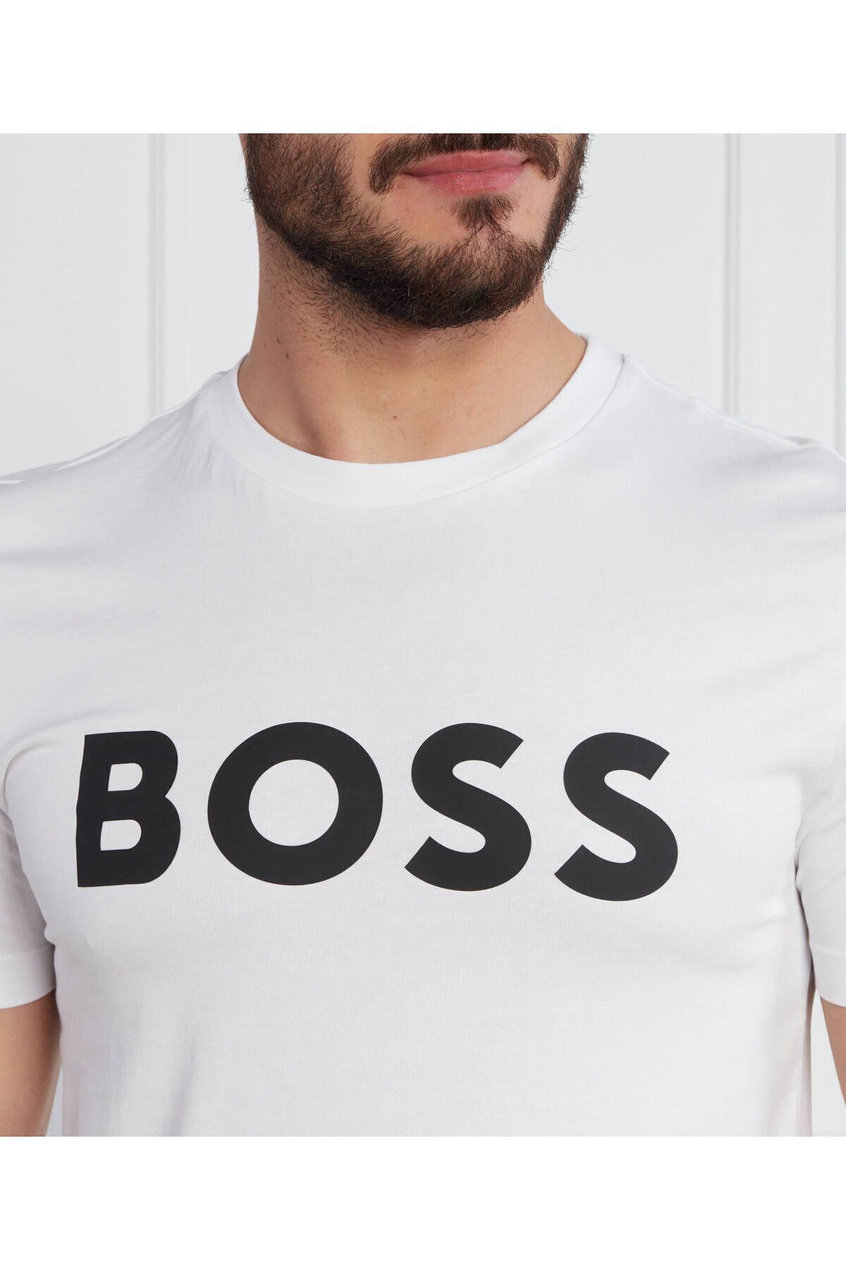 تی شرت سفید مردانه یقه دوچرخه سواری مسطح به طور منظم آستین کوتاه 100 BOSS