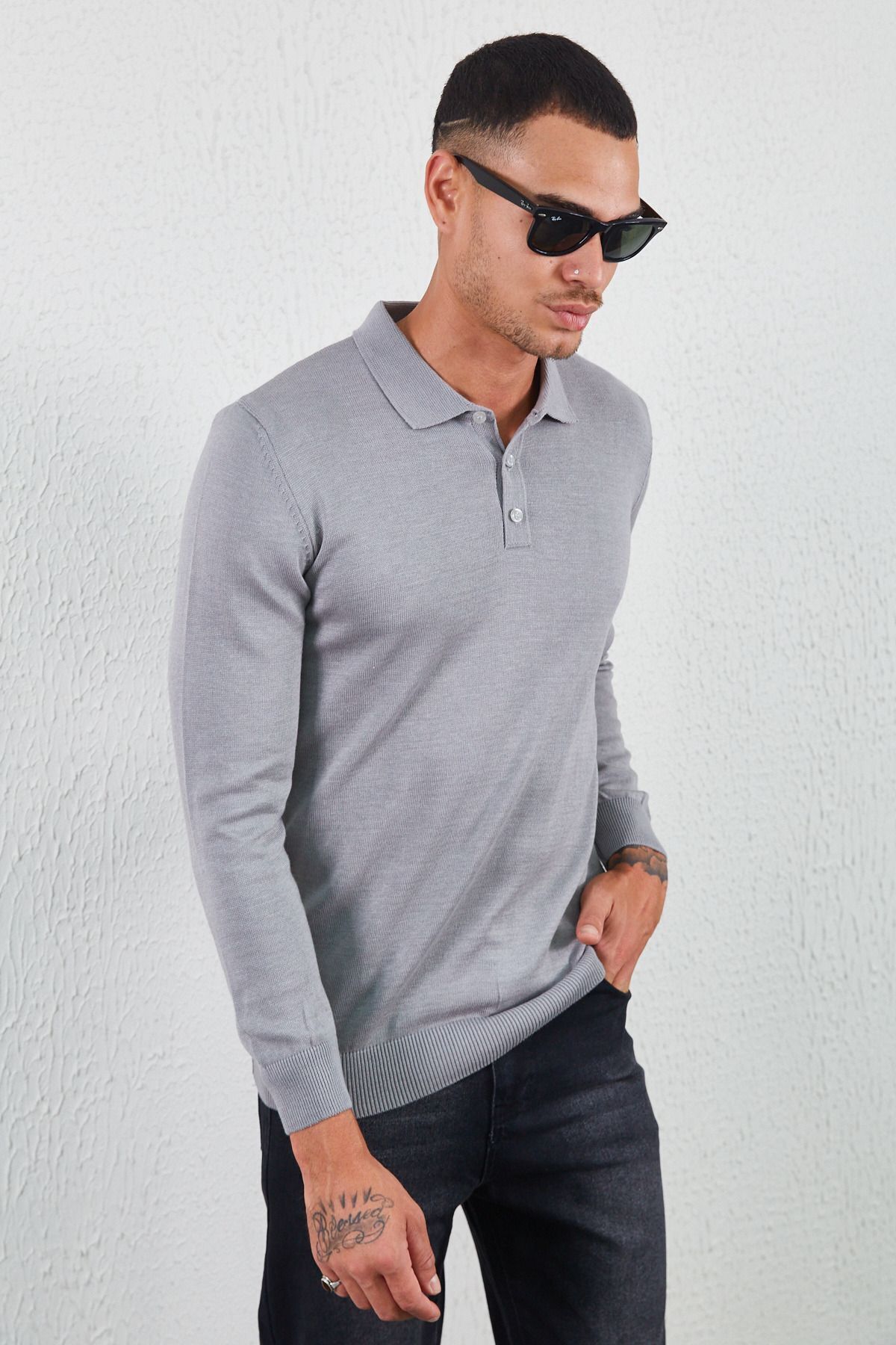 Gri Melanj Düğmeli Polo Yaka Basic Triko Lacivert | MEW517377-01
