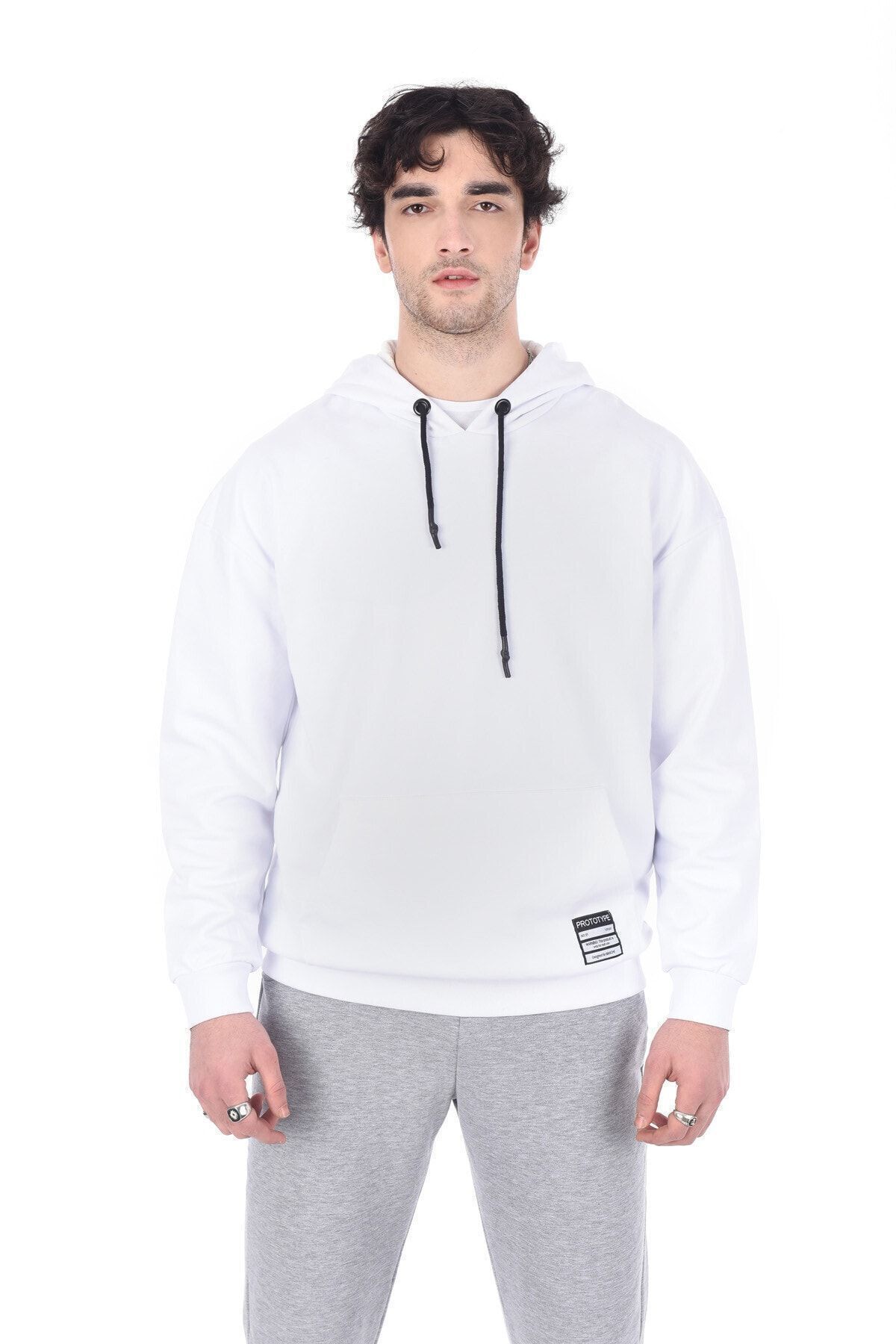 Beyaz Kapüşonlu Kanguru Cepli Oversıze Sweat | ME21W225128