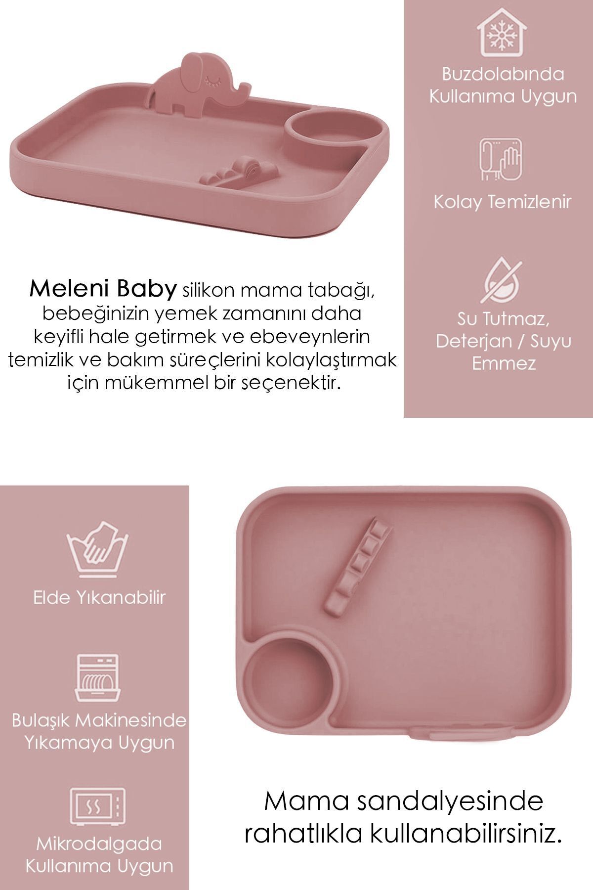 Meleni Baby 4'lü Silikon Beslenme Seti- 3 Bölmeli Beslenme Tabağı- Silikon Kaşık - Silikon Önlük- Bardak - Pembe fotoğrafı 6 (önizleme)