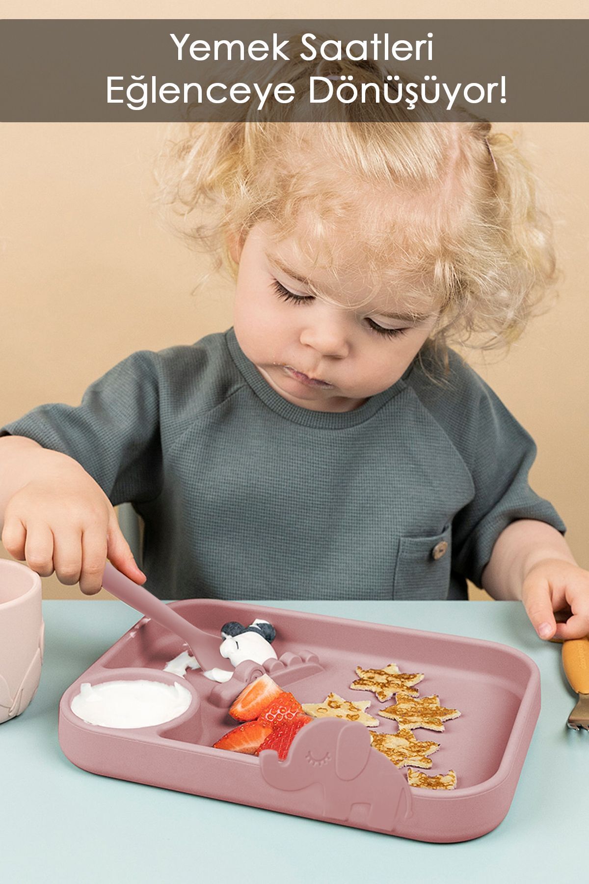 Meleni Baby 4'lü Silikon Beslenme Seti- 3 Bölmeli Beslenme Tabağı- Silikon Kaşık - Silikon Önlük- Bardak - Pembe fotoğrafı 2 (önizleme)