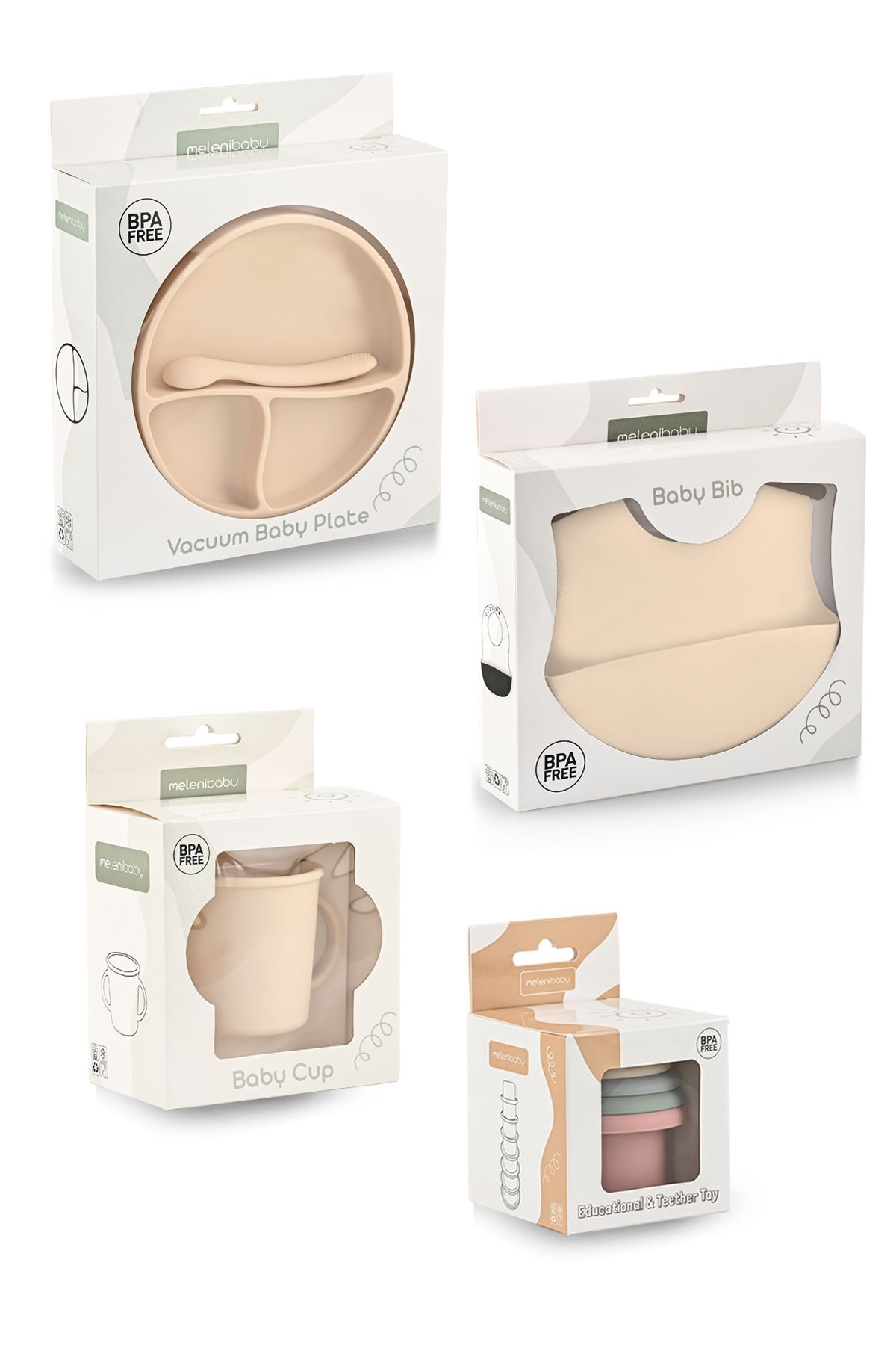 Meleni Baby 5'li Set Silikon Mama Önlüğü, Bardak, Vakumlu Tabak, Kaşık, Kule Aktivite Oyuncağı - Bej fotoğrafı 6 (önizleme)
