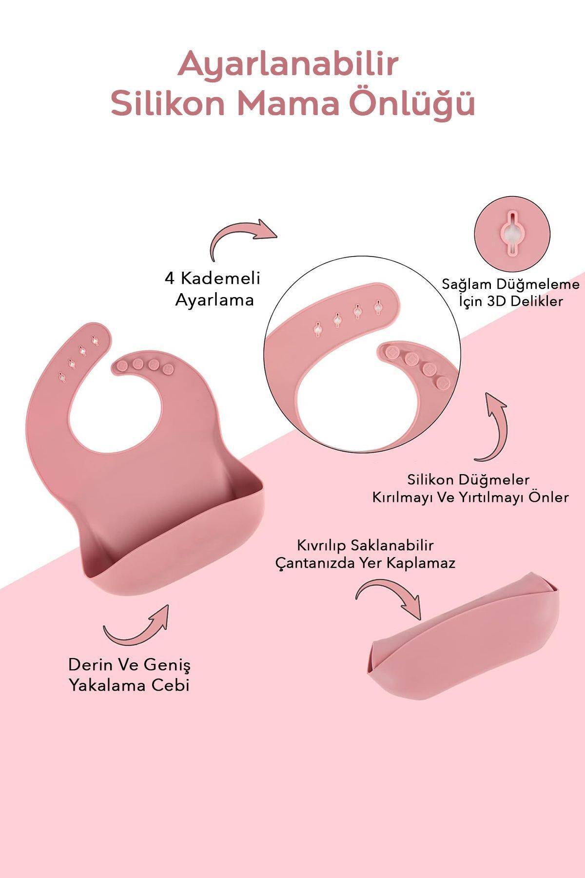 Meleni Baby 4'lü Silikon Beslenme Seti- 3 Bölmeli Beslenme Tabağı- Silikon Kaşık - Silikon Önlük- Bardak - Pembe fotoğrafı 4 (önizleme)