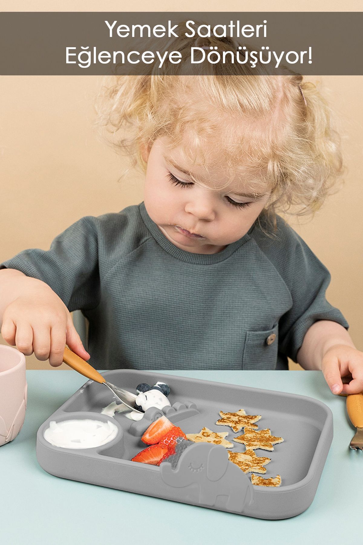 Meleni Baby 4'lü Silikon Beslenme Seti - 3 Bölmeli Beslenme Tabağı, Silikon Kaşık, Silikon Önlük, Bardak - Gri fotoğrafı 2 (önizleme)