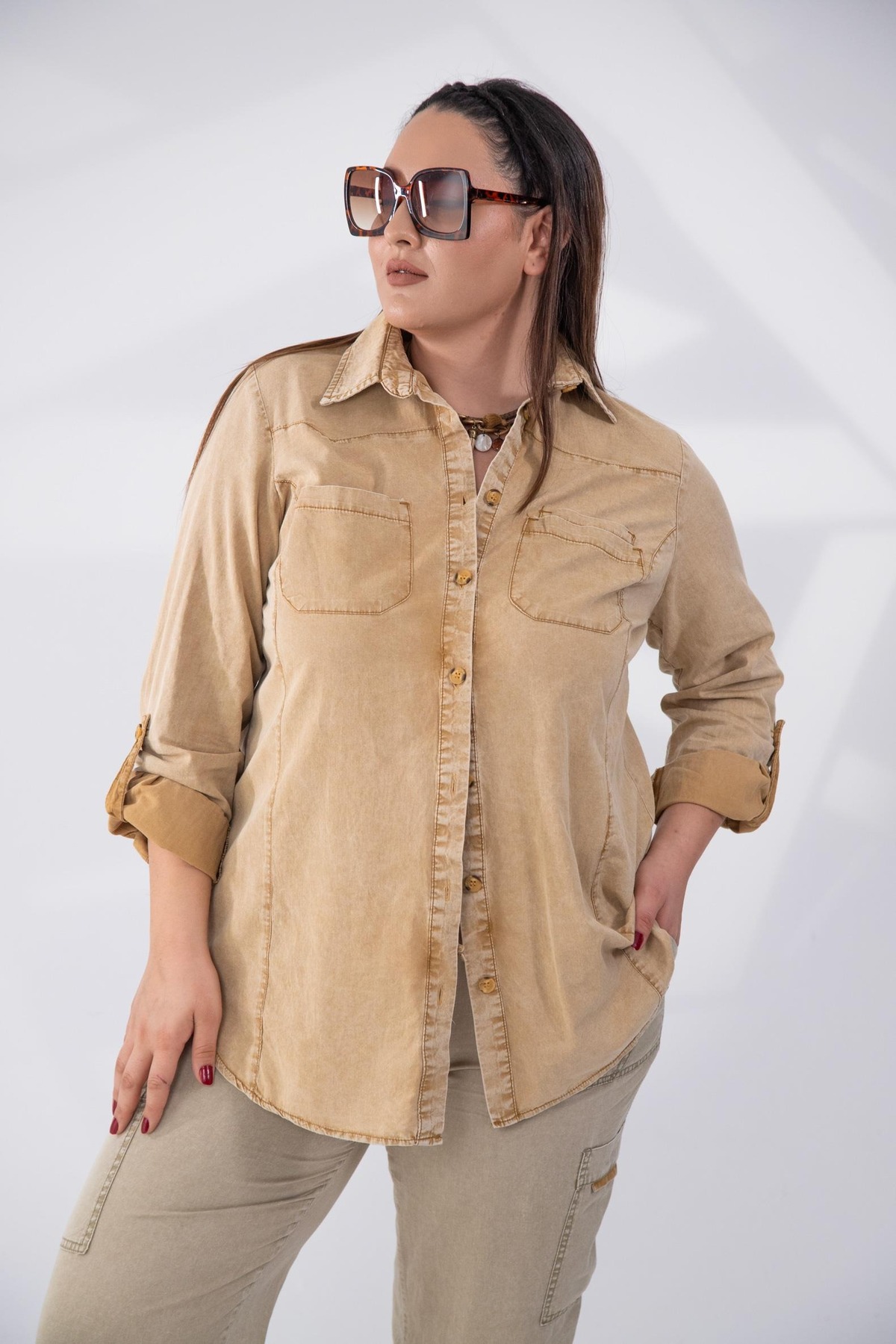 Roxxlen  Büyük Beden 122333 Cep Detaylı Apoletli Gömlek - Görsel 3