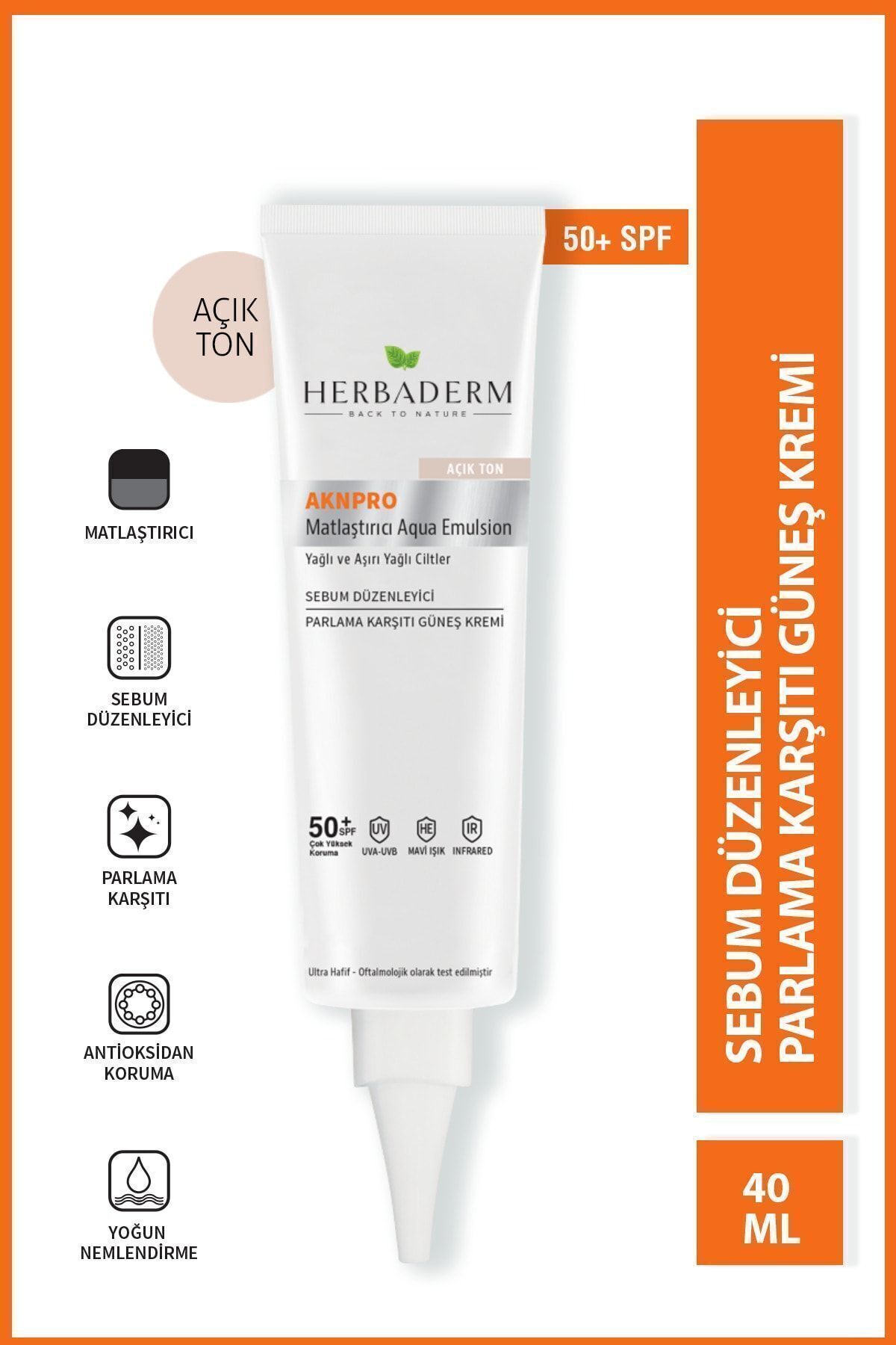 Herbaderm Akne Ve Yağlanma Karşıtı, Matlaştırıcı Güneş Koruyucu Krem Spf 50 Renkli Açık Ton 40 ml — HERBA701470