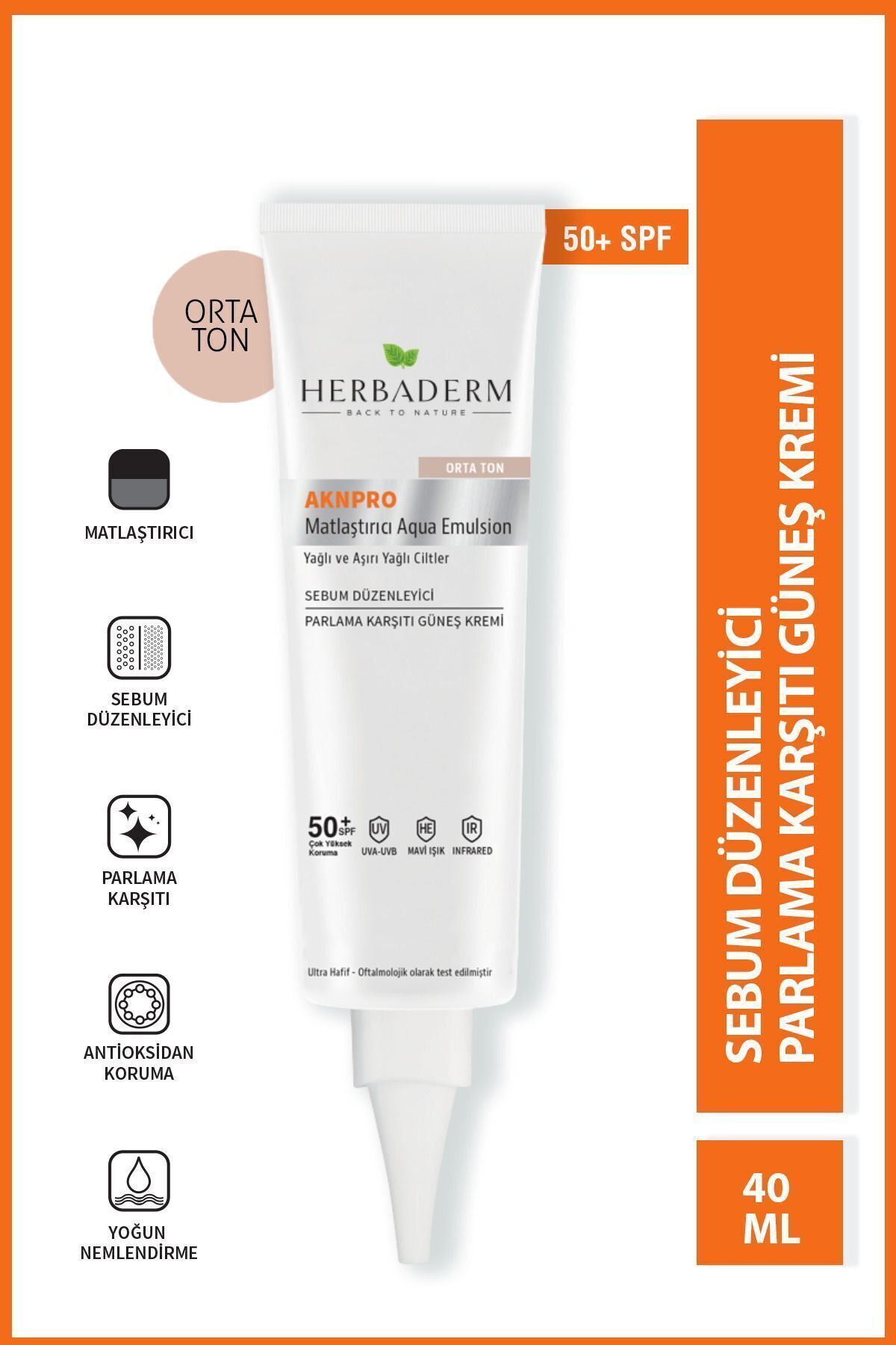 Herbaderm Akne Ve Yağlanma Karşıtı, Matlaştırıcı Güneş Koruyucu Krem Spf 50 Renkli Orta Ton 40 ml — herbdrm-medium
