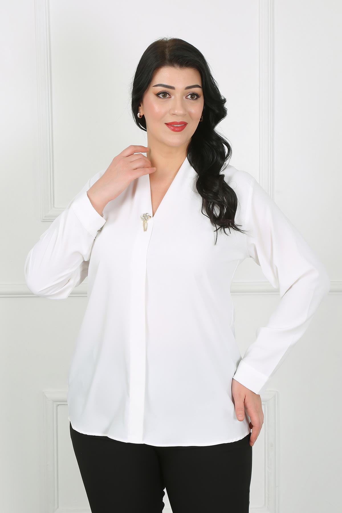 By Alba Collection Kadın Beyaz Broş Detay Dubai Kumaş Gömlek