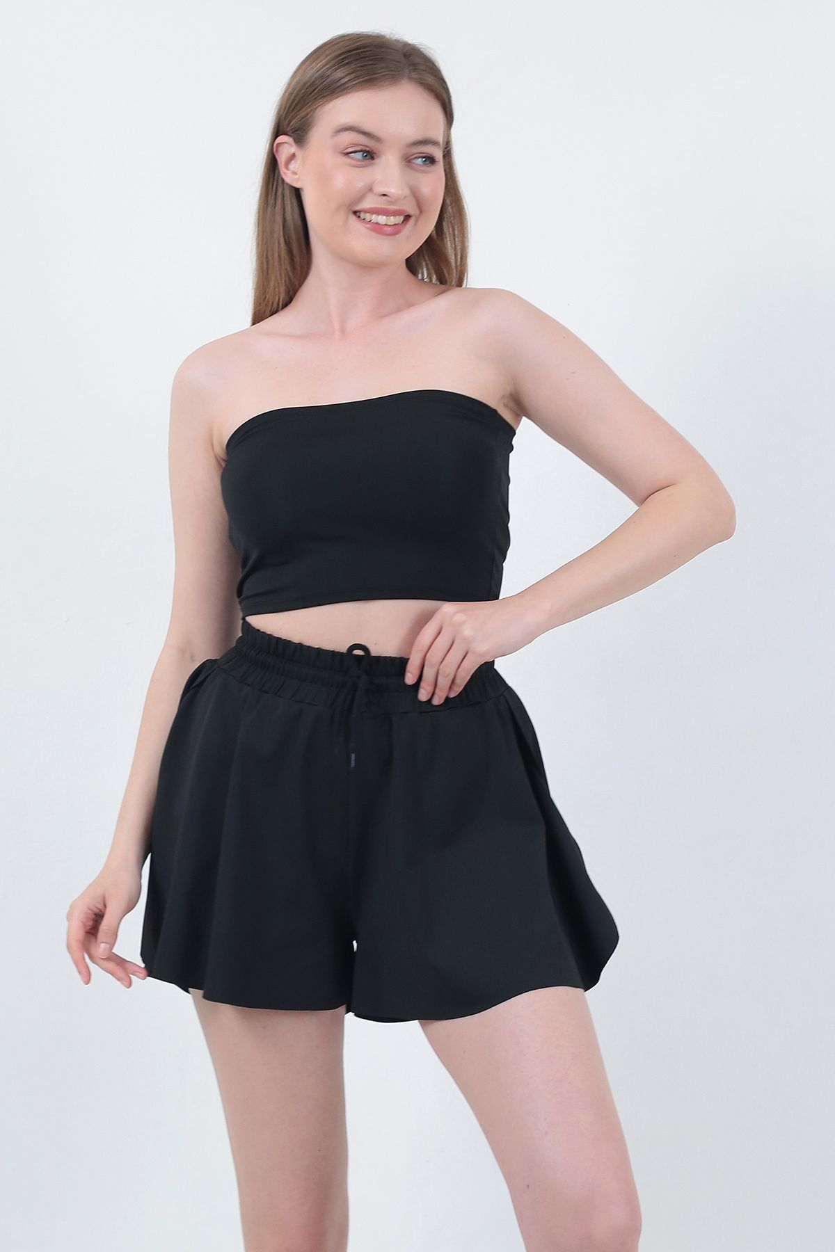WAYS Pantaloni Scurți Sport Negri Pentru Damă, În Două Straturi Și Lejer, Cu Jambiere Femeie - M