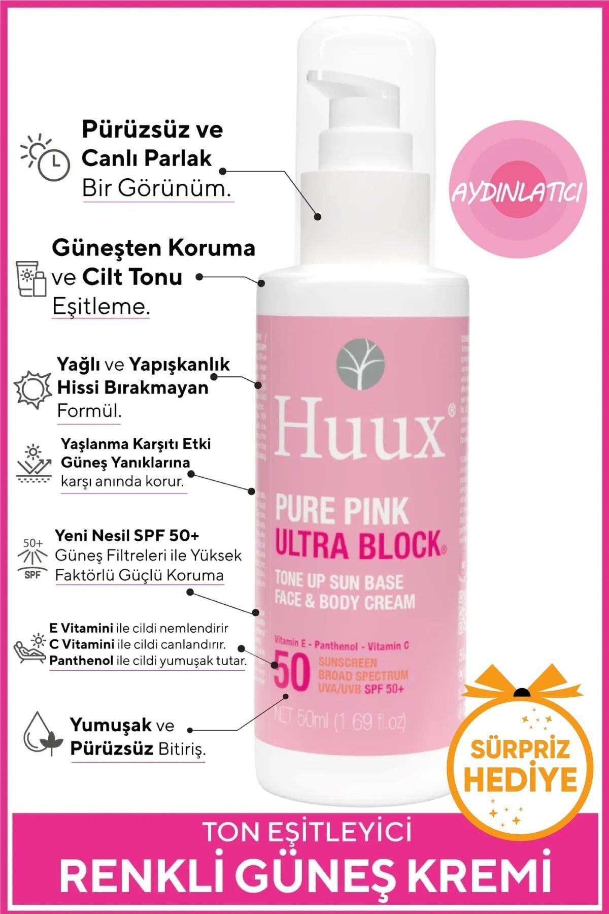 Huux Ton Eşitleyici Aydınlatıcı Güneş Kremi Spf50+ & Ultra Power Block Tone Up Base Pure Pink 50 Ml