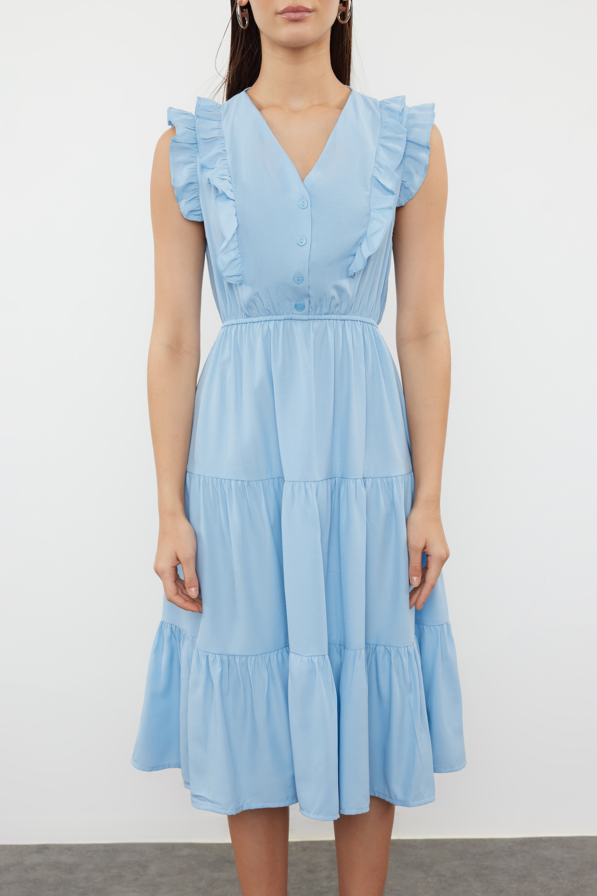 Trendyol Collection-Rochie midi albastră cu volane în formă de skateboard - TWOSS24EL01073 4