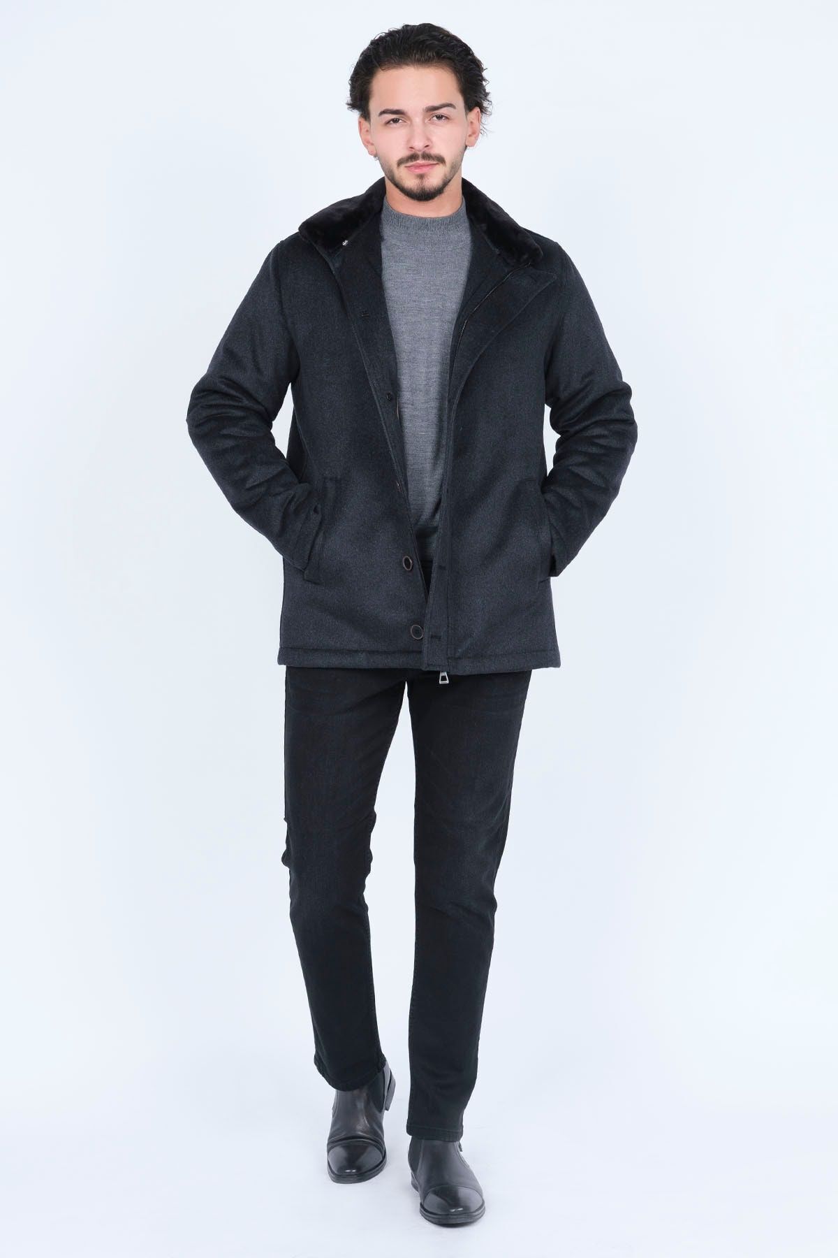  کاپشن پشمی یقه خز مردانه دودی ۴۹۲۱۶۰۰