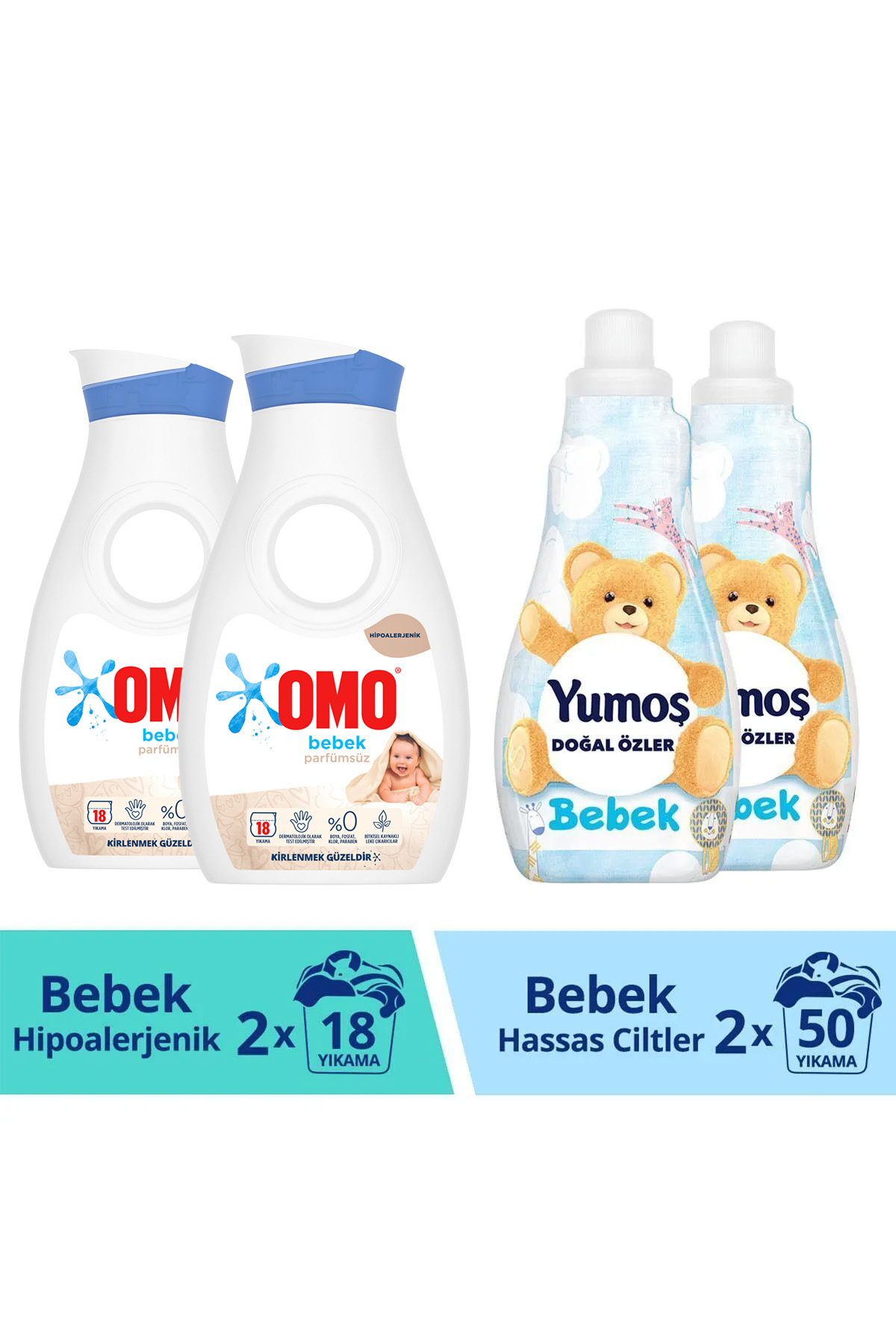 Yumoş Doğal Özler Çamaşır Yumuşatıcısı Bebek 1200 ml x2 + Omo Bebek Sıvı Çamaşır Deterjanı 900 ml x2