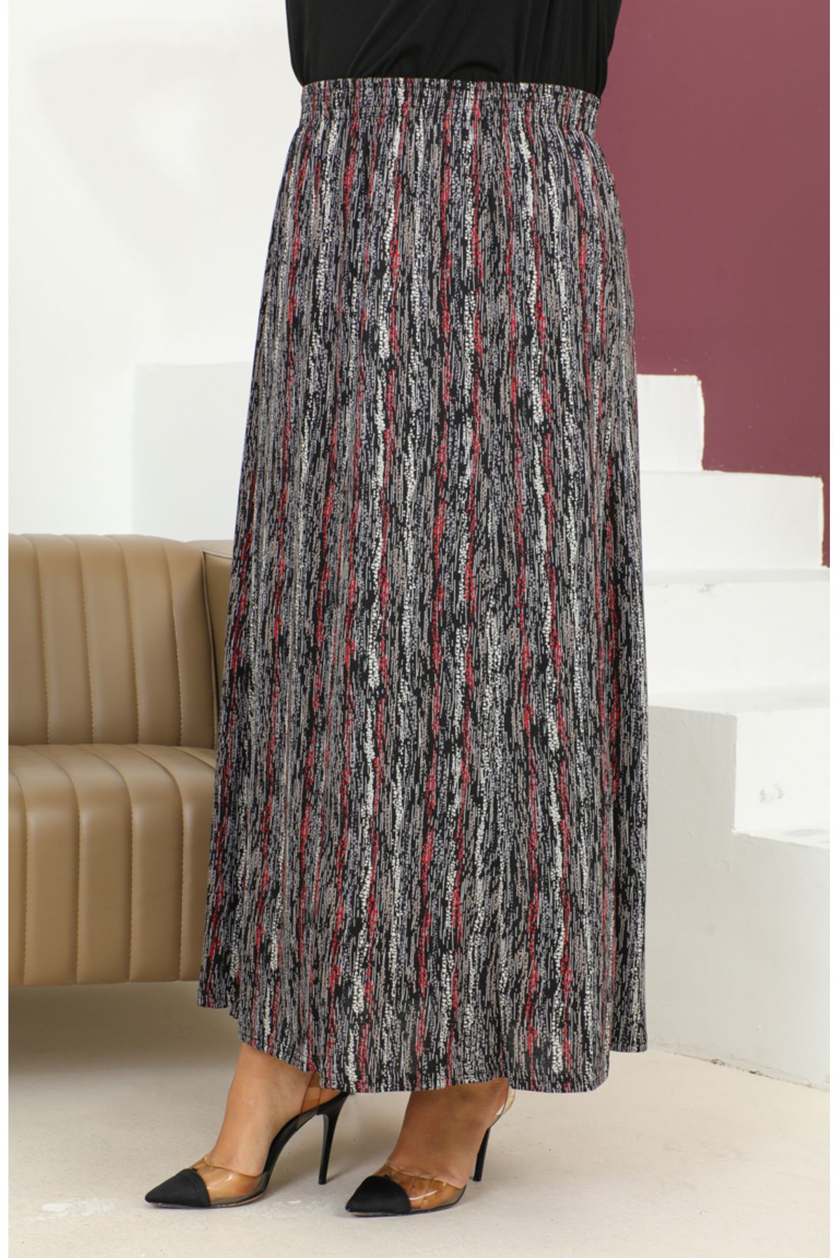 sefamerve-Claret Red Patterned Skirt - Plus Size, Elastic Waist, 2830C-02 3