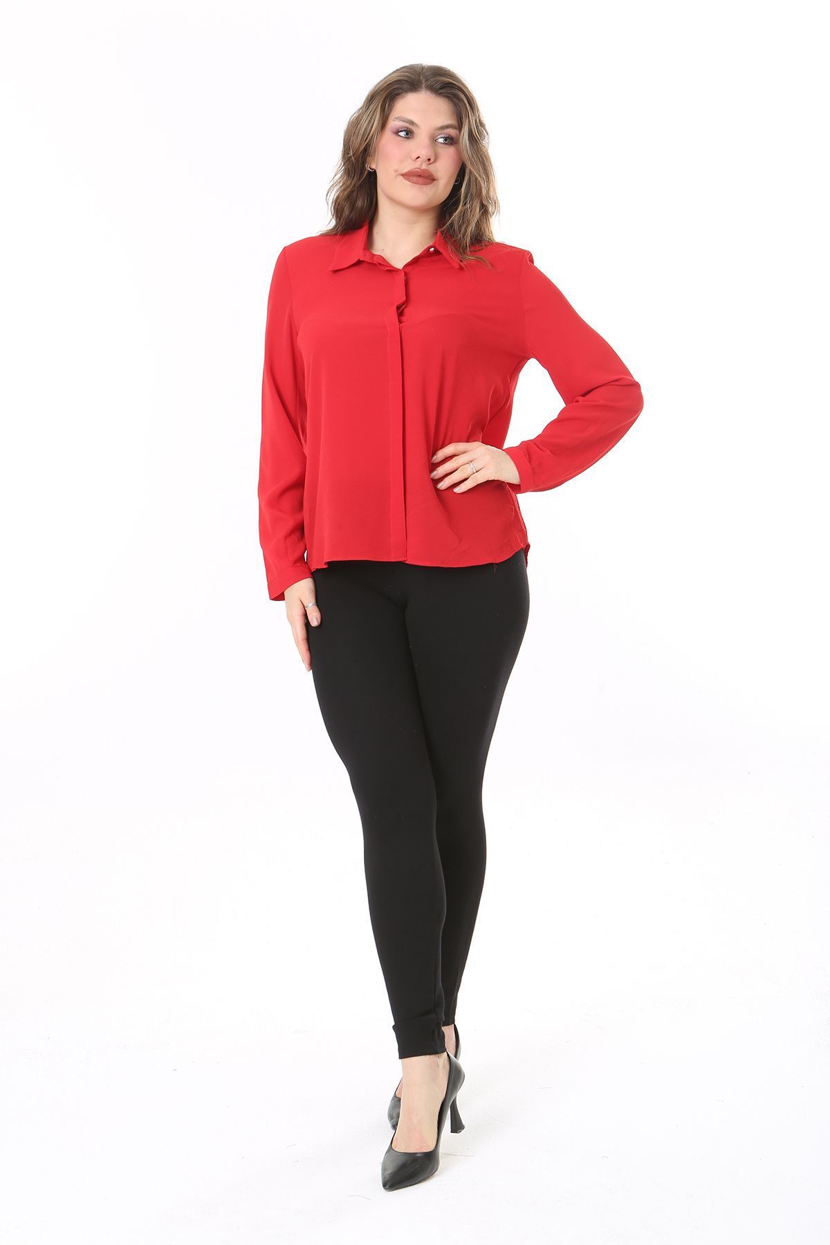 Şans-Red Plus Size Buttoned Blouse with Hidden Placket - 65N38019 8