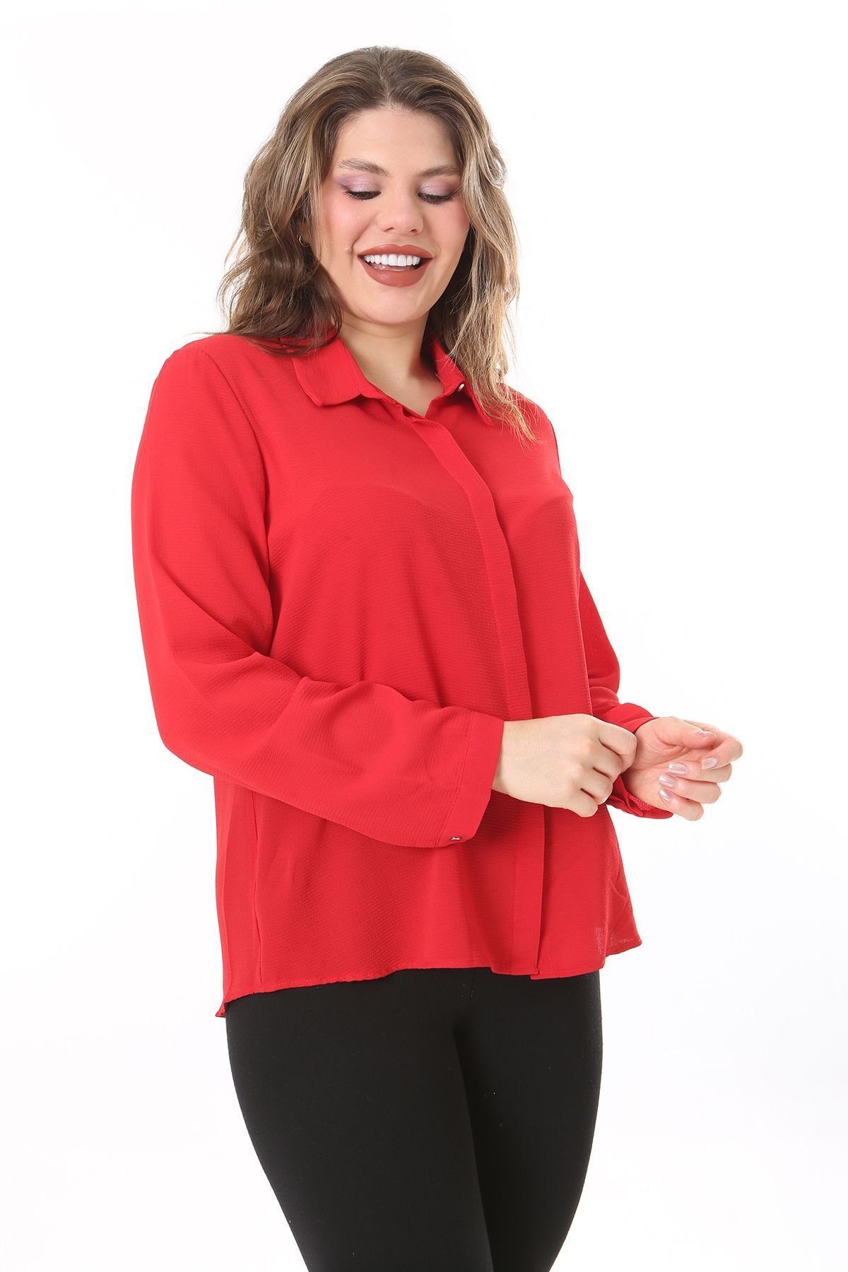 Şans-Red Plus Size Buttoned Blouse with Hidden Placket - 65N38019 3