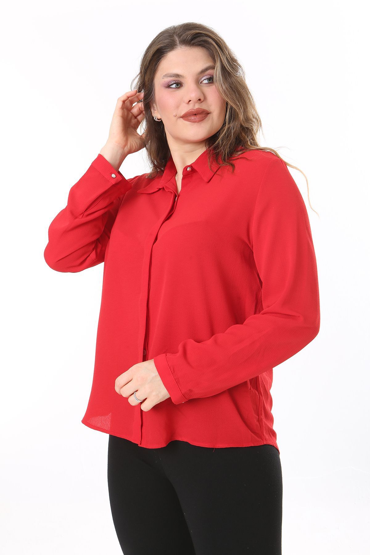 Şans-Red Plus Size Buttoned Blouse with Hidden Placket - 65N38019 4