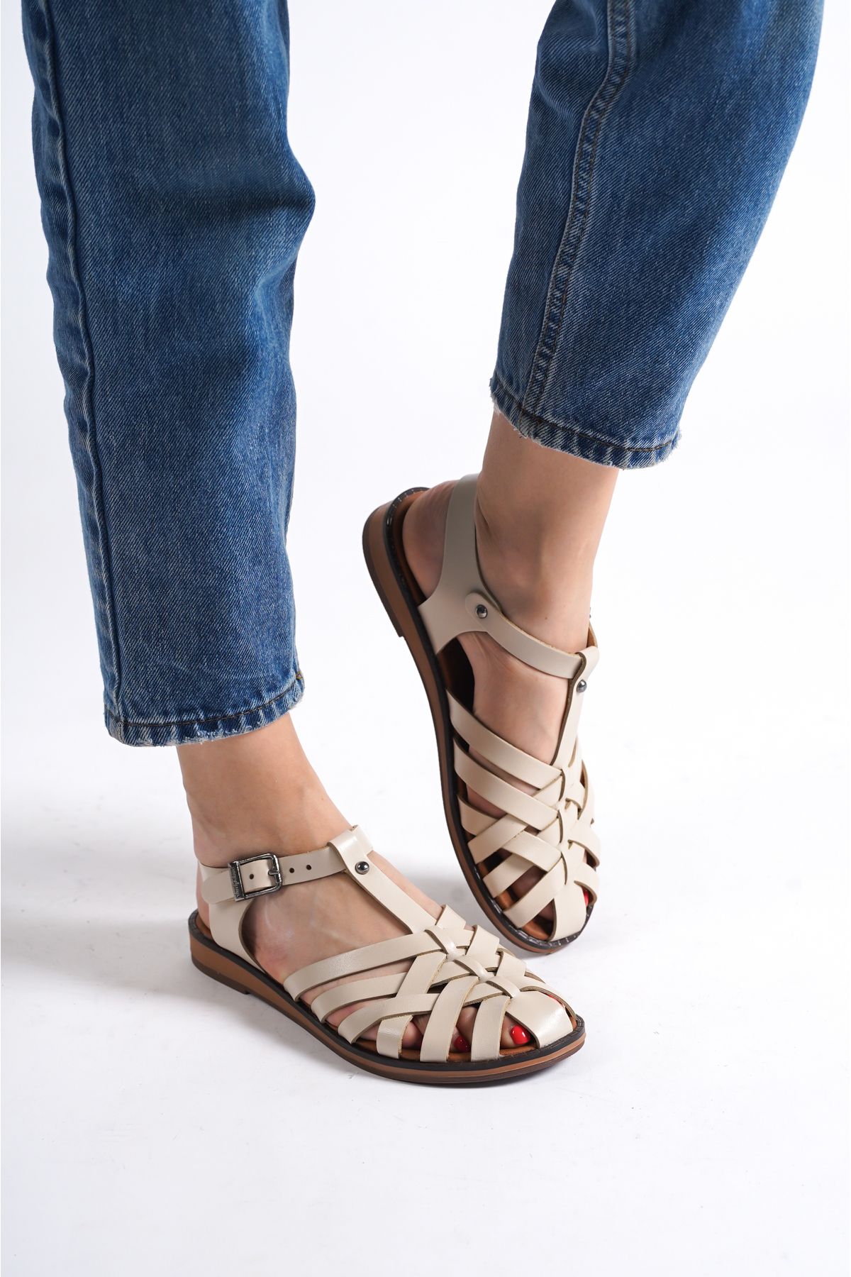 Deripabuc-Genuine Leather Beige Women's Leather Sandals Dp-0067 5