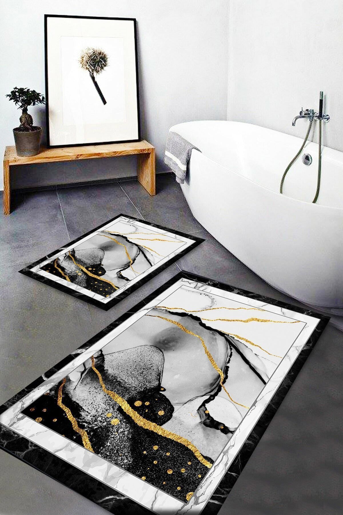 Else Dekor Covoraș De Baie, Lavabil, Antiderapant, Cu Model Artistic, Galben Negru, Set De Toaletă Din 2 Piese Dts-20 - One Size
