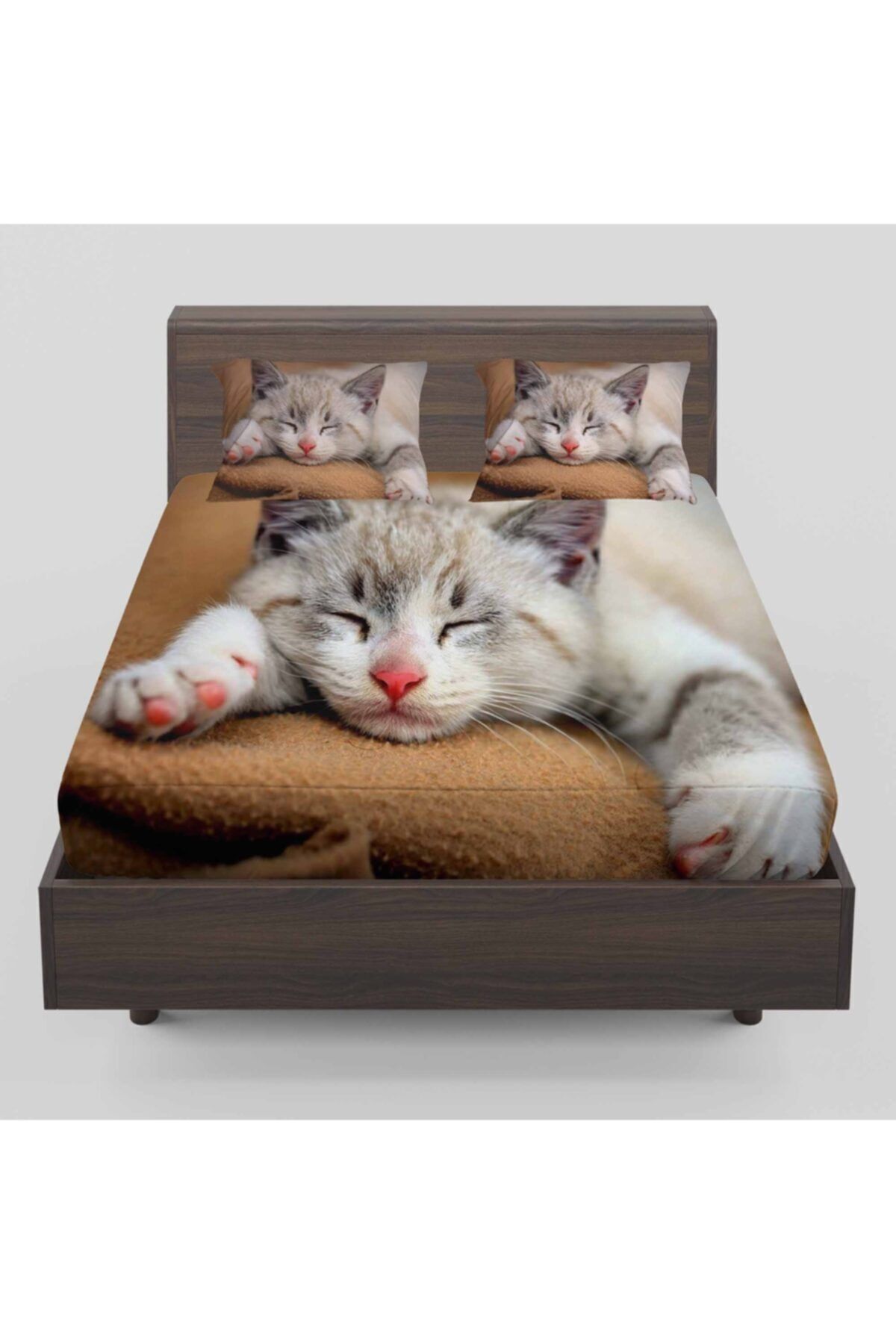 Else Halı-Else Cute Sleeping Cat Patterned Elastic Double Elastic Sheet Set 160x200cm 1