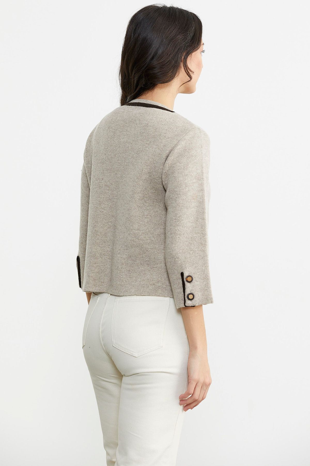 Sementa  Zincir Detaylı Kalın Yünlü Triko Ceket - Vizon - Kahverengi - Görsel 5