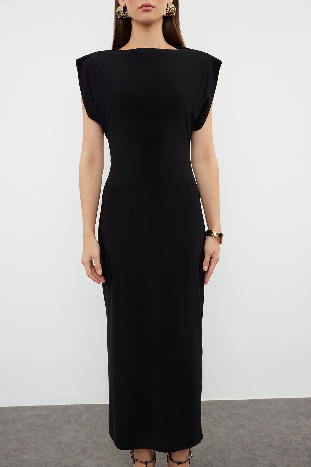 Trendyol Collection-Rochie neagră, dreaptă, midi, căptușită, drapată, bodycon, tricotată, elastică TWOSS24EL00975 3