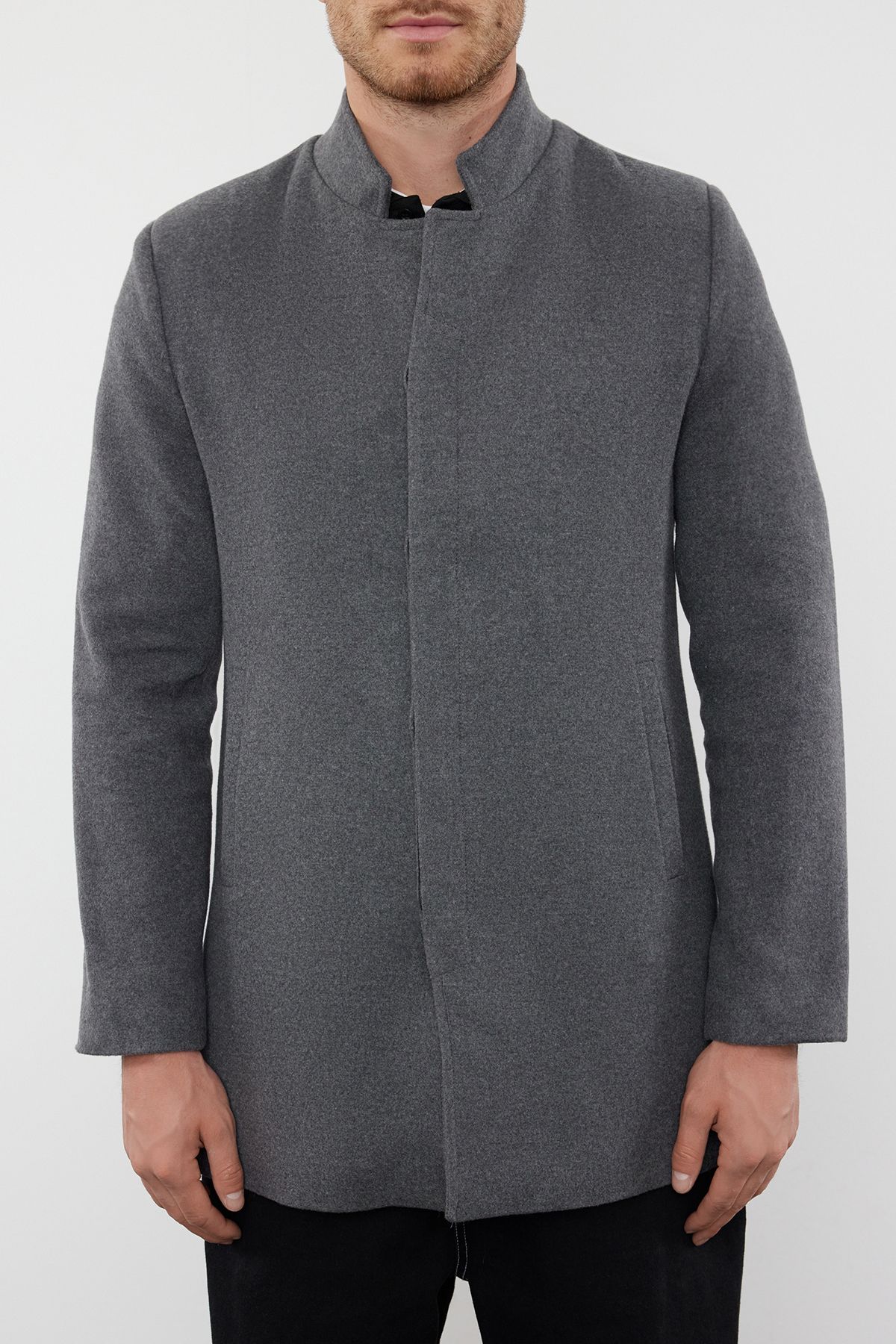Trendyol Collection-Winter Anthracite Slim Fit Stamp Coat - Stand Collar TMNAW24KB00005 3