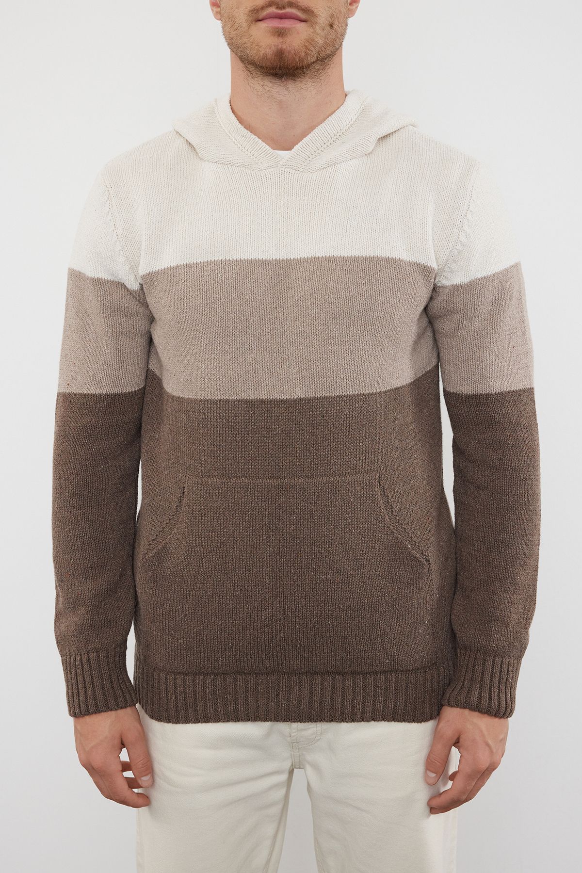 Trendyol Collection-Екрю Обикновен вълнен пуловер с качулка и цветен блок Tmnaw22Kz0822 3