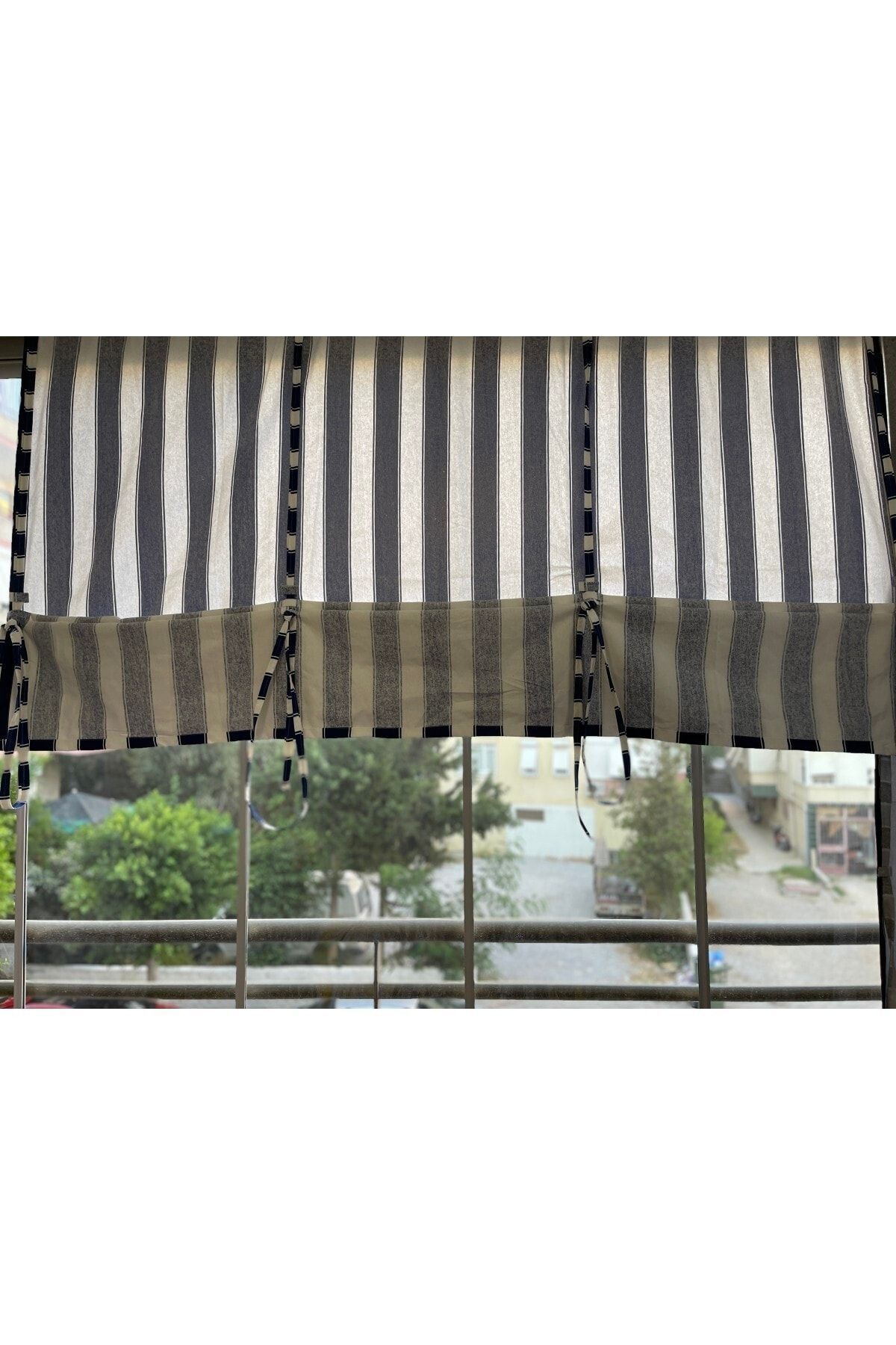 Görgülü Shop-String Traction Height Adjustable Blue White Striped Balcony Curtain Thick Fabric 5