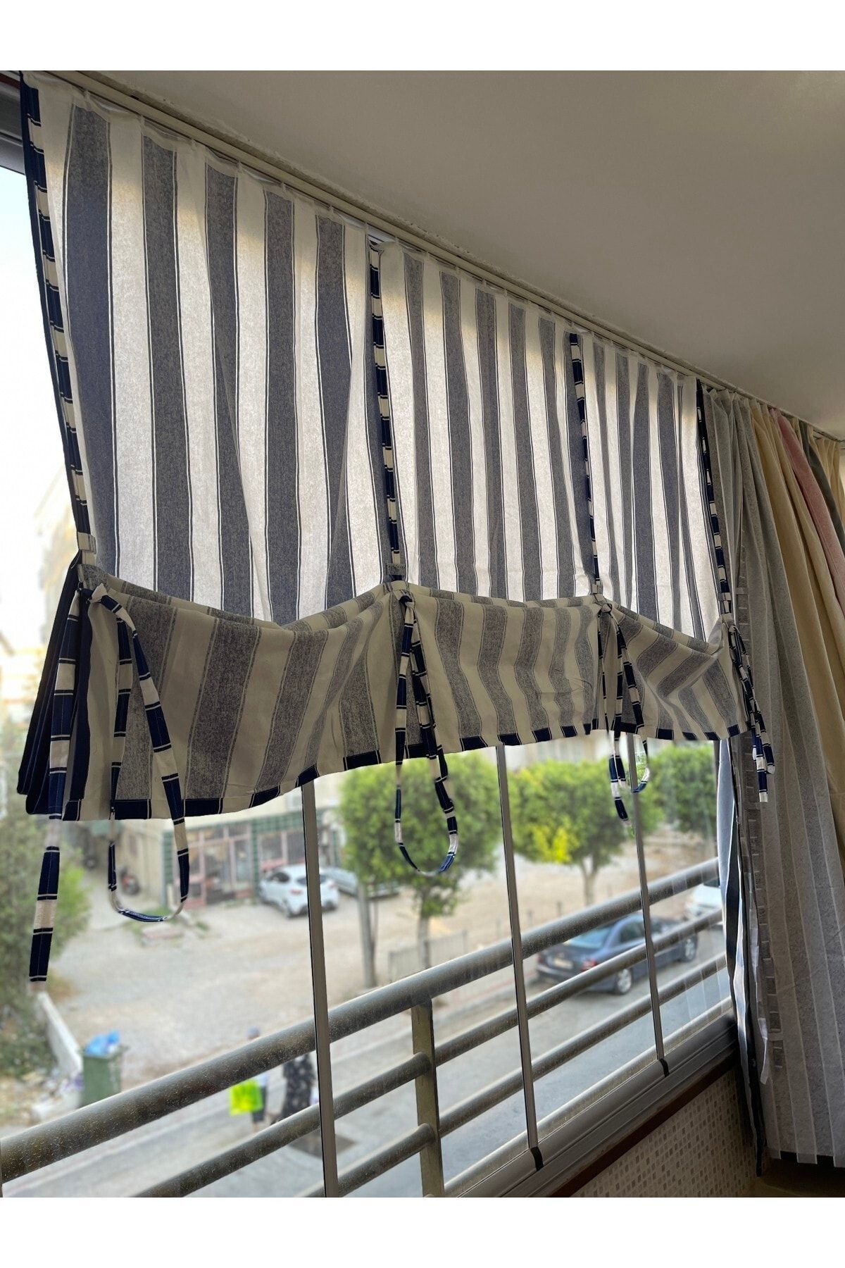 Görgülü Shop-String Traction Height Adjustable Blue White Striped Balcony Curtain Thick Fabric 6