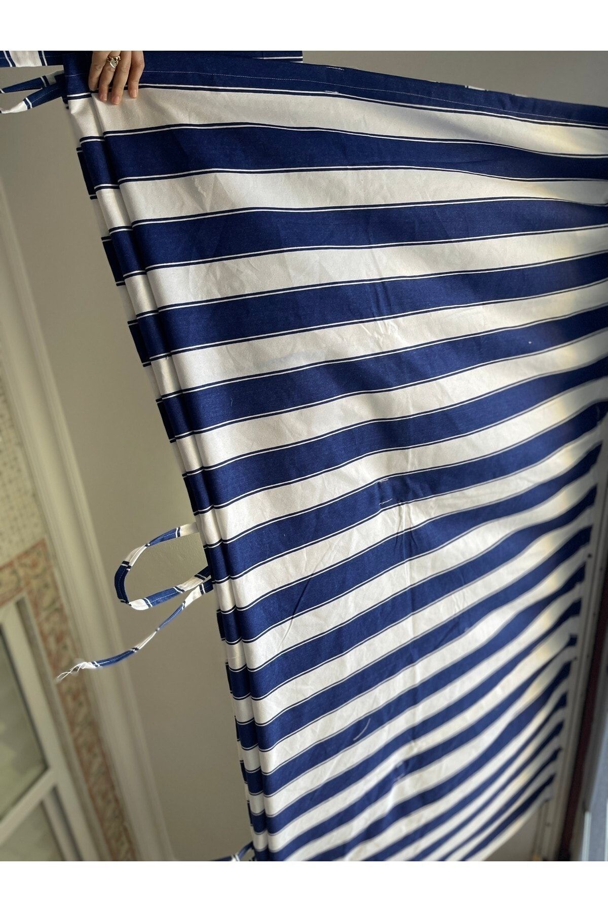 Görgülü Shop-String Traction Height Adjustable Blue White Striped Balcony Curtain Thick Fabric 7