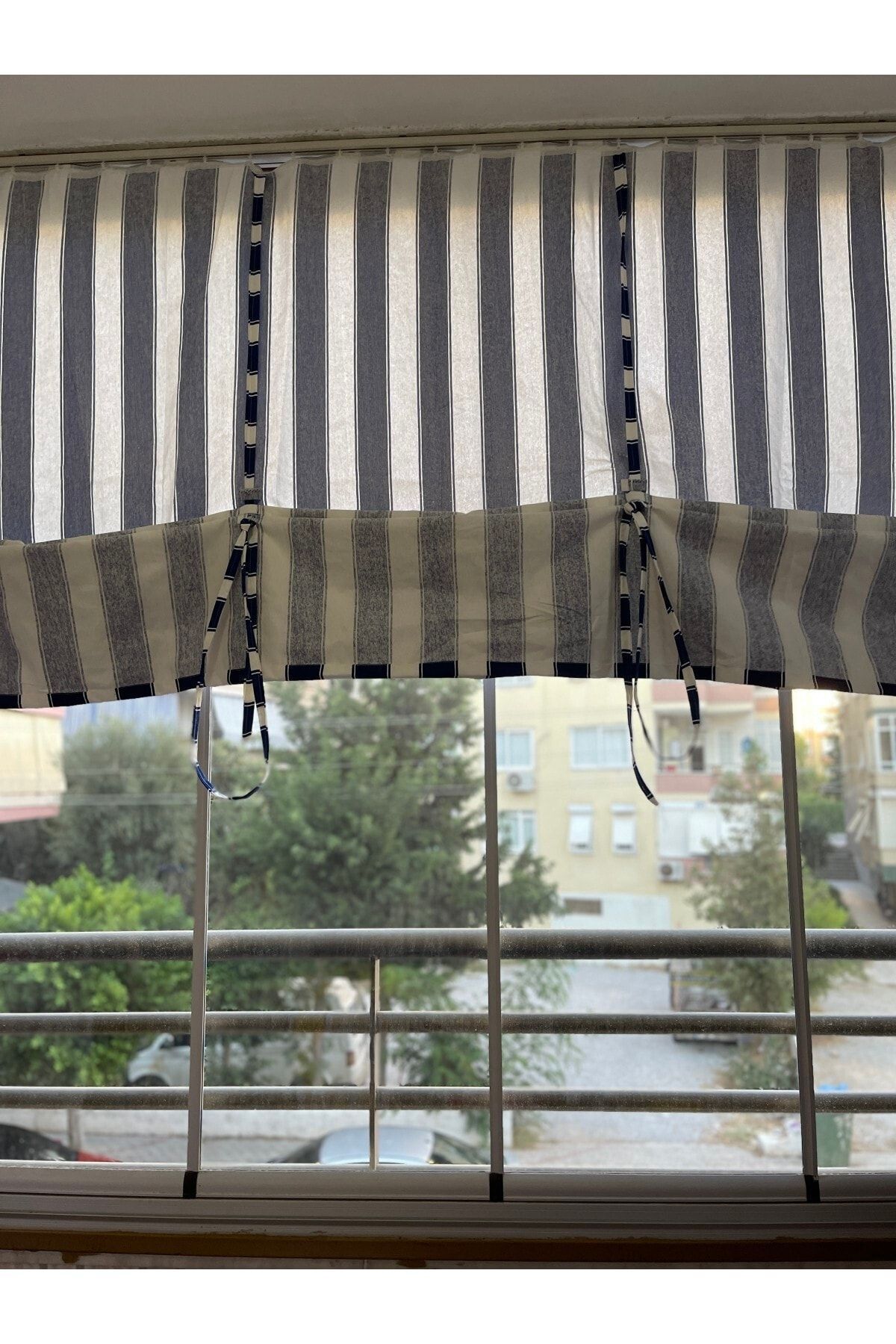 Görgülü Shop-String Traction Height Adjustable Blue White Striped Balcony Curtain Thick Fabric 3
