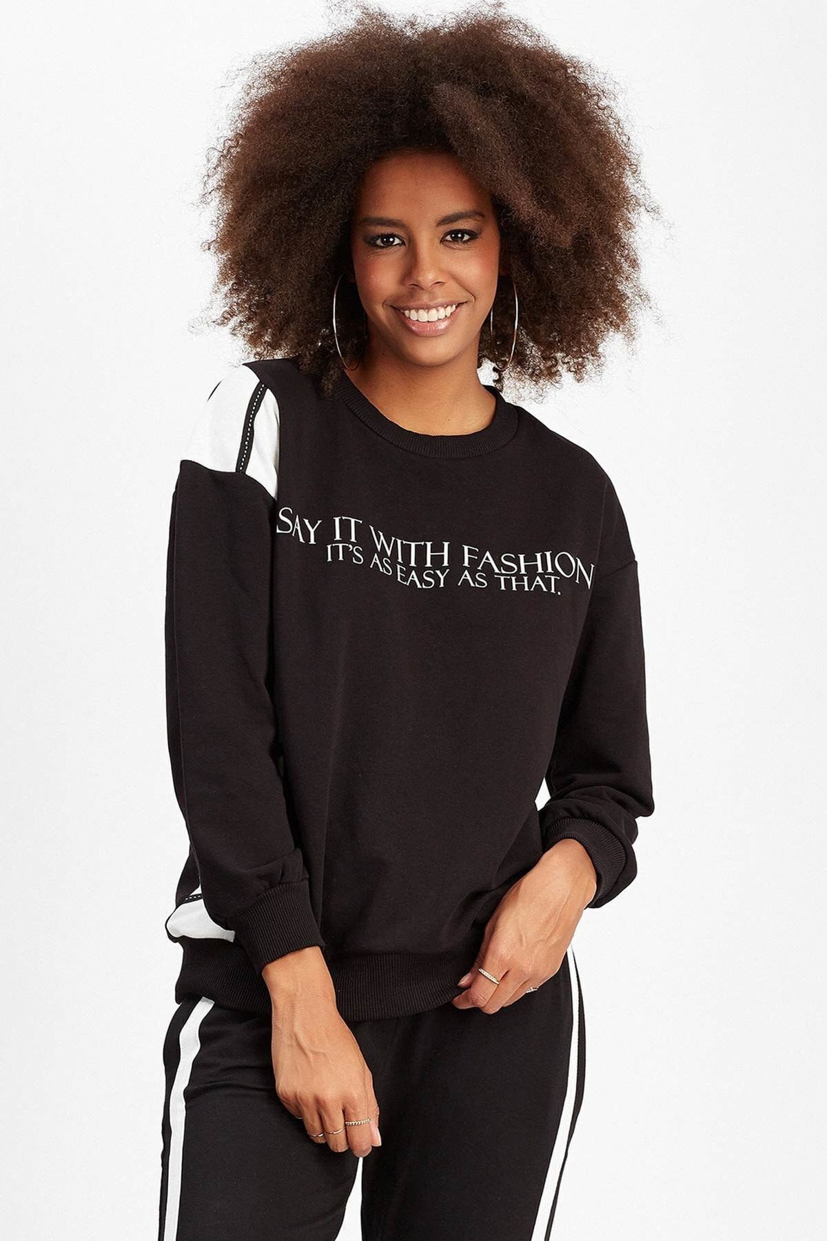 Siyah Baskılı Kadın Sweatshirt | MK20W274764