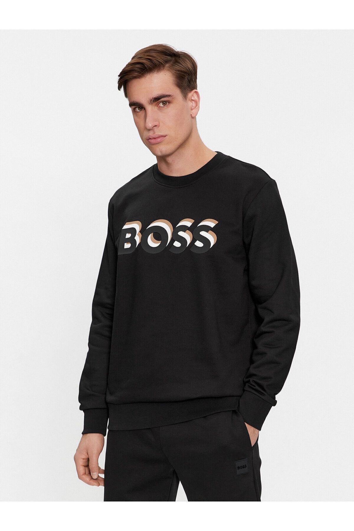 سوئیشرت مشکی آستین بلند با آرم مارک مردانه با جزئیات 50507939-001 BOSS