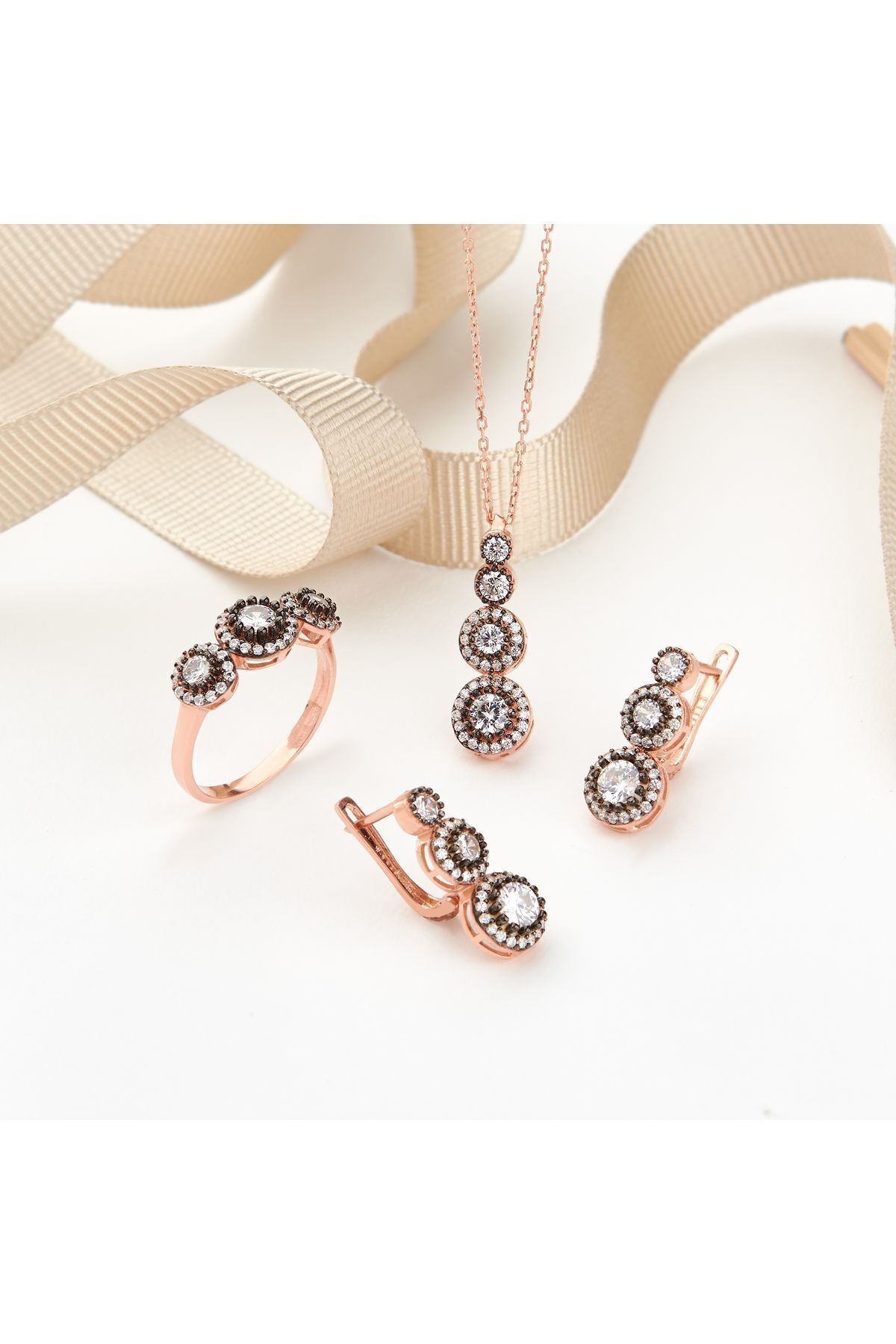 Siset Gümüş 925 Ayar Rose Kaplama Elmas Montür Tria (üç Taşlı) Gümüş Üçlü Set