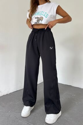 Sun Victoria Kadın Siyah Nakışlı Ayarlanabilir Oversize Bol Paça Pantolon Eşo...