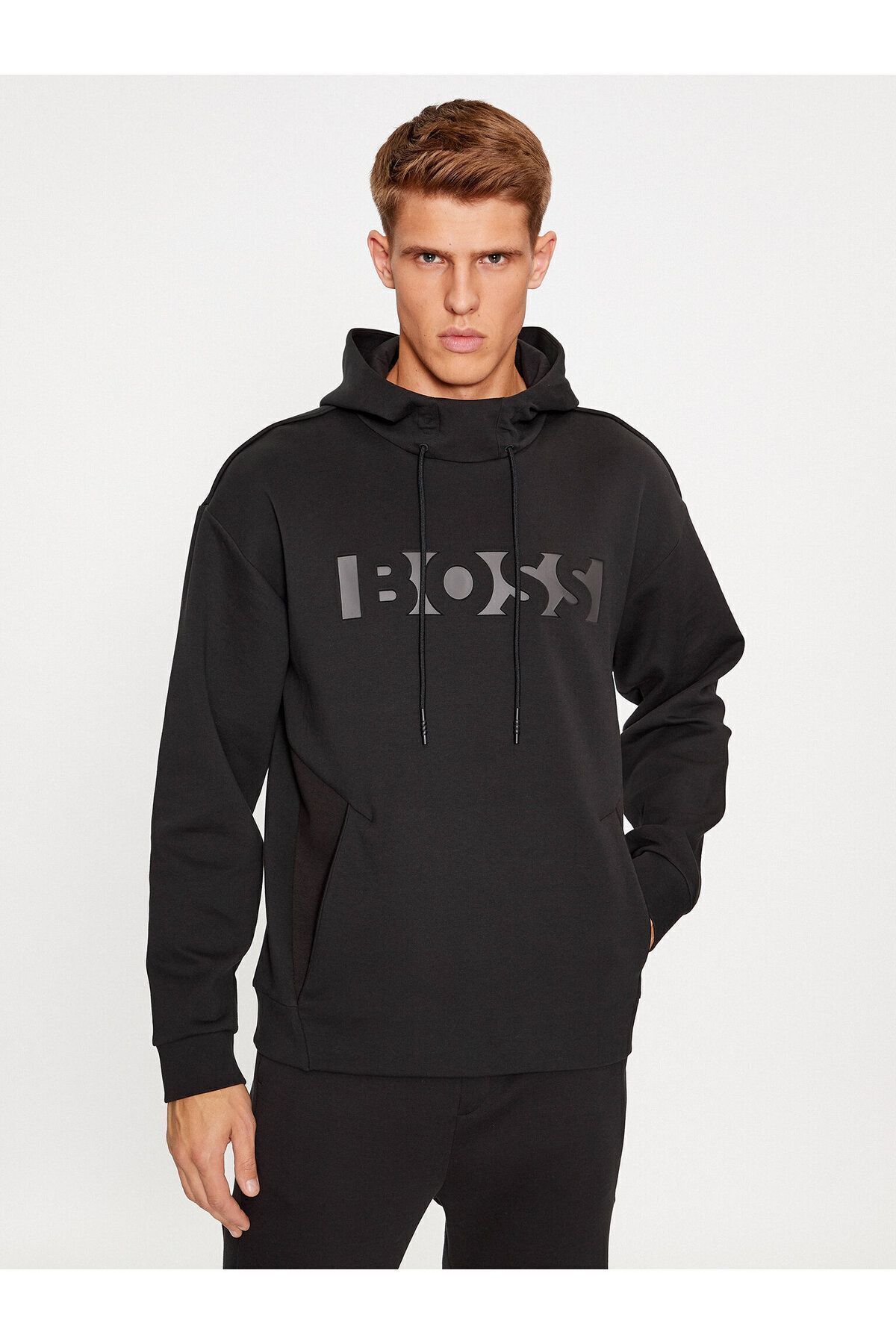 باس سویشرت مردانه آستین بلند کلاه دار طرح لوگو، مشکی، کد ۵۰۴۹۹۰۱۷-۰۰۱