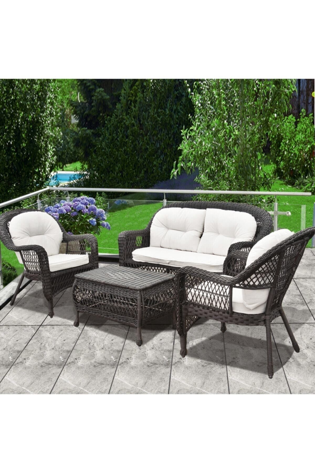Luxury Rattan 4 Parça Oturma Grubu Bahçe Balkon Rattan Oturma Seti Bej Minder