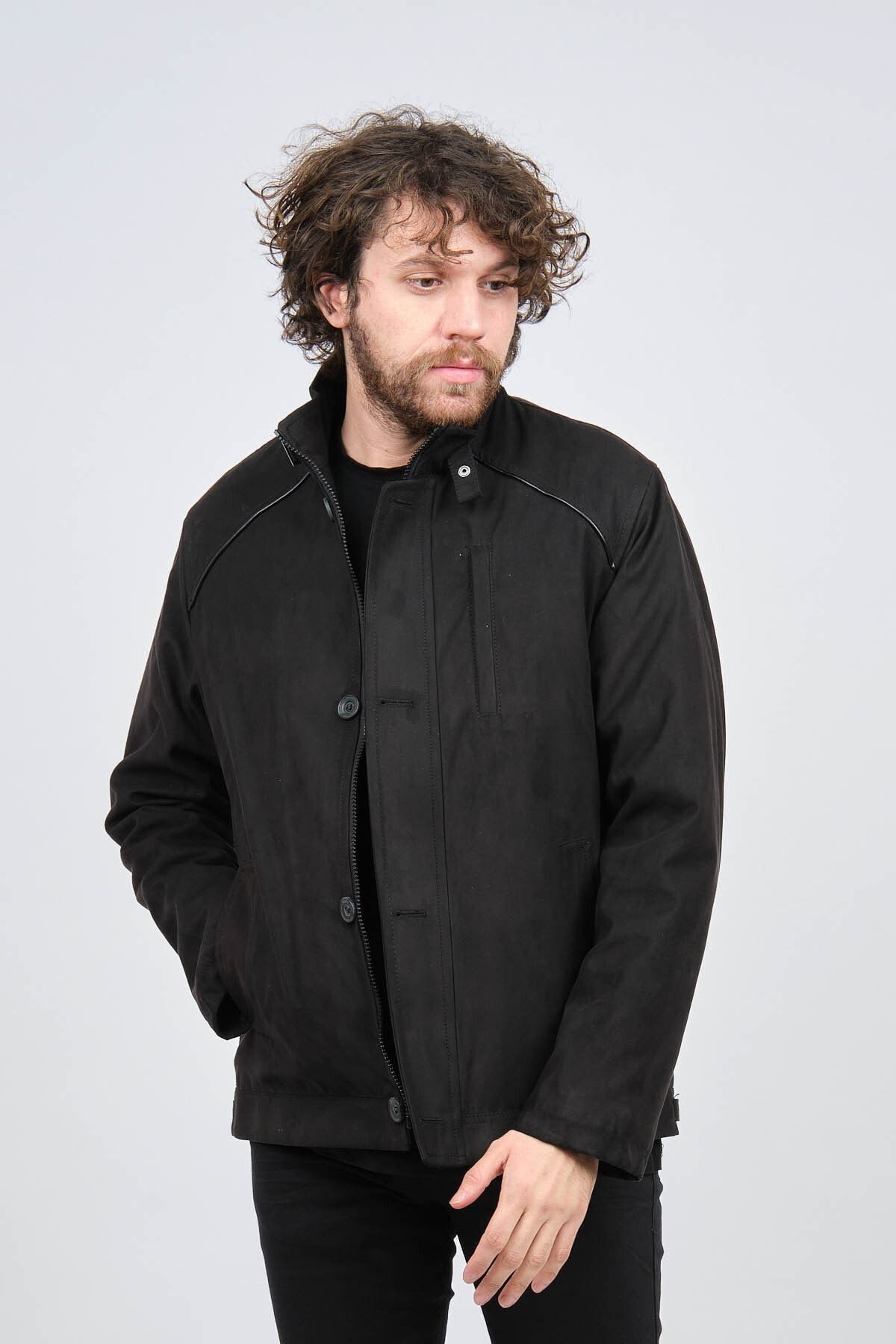  کاپشن کلاسیک مردانه چرم مشکی طرح لوله