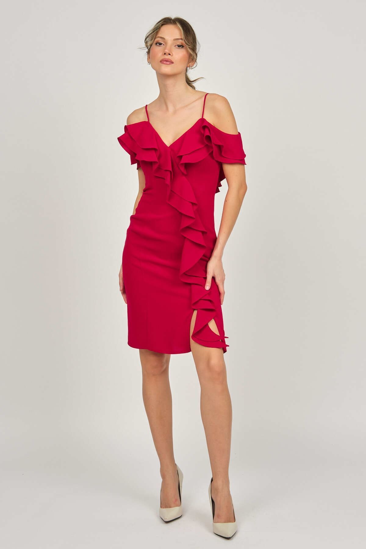 ŞEREF VURAL-Women's Ruffle Detailed Rope Strap Evening Dress 5437759 Red 7