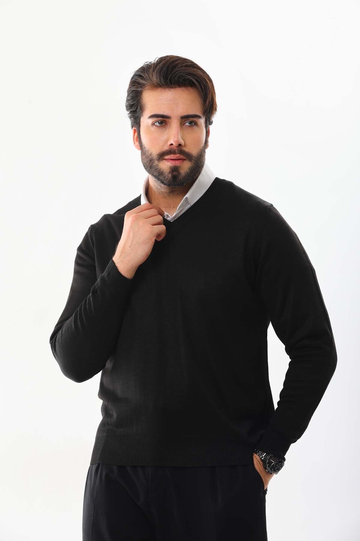 Günay-Pulover de lână cu decolteu în V pentru bărbați 5000 negru 3