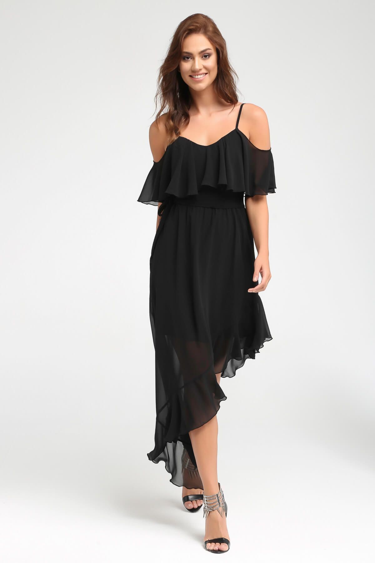 Laranor-Women's Black Flounce Detail Dress on Shoulder and Skirt 17L5332 5