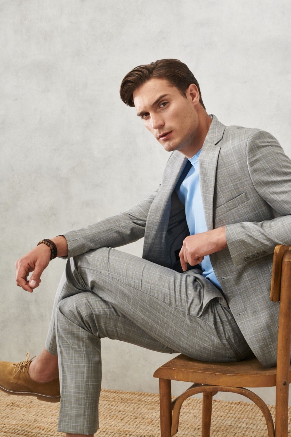 ALTINYILDIZ CLASSICS-Ανδρικό γκρι-μπλε Extra Slim Fit Slim Fit Mono Collar καρό Classic κοστούμι 6