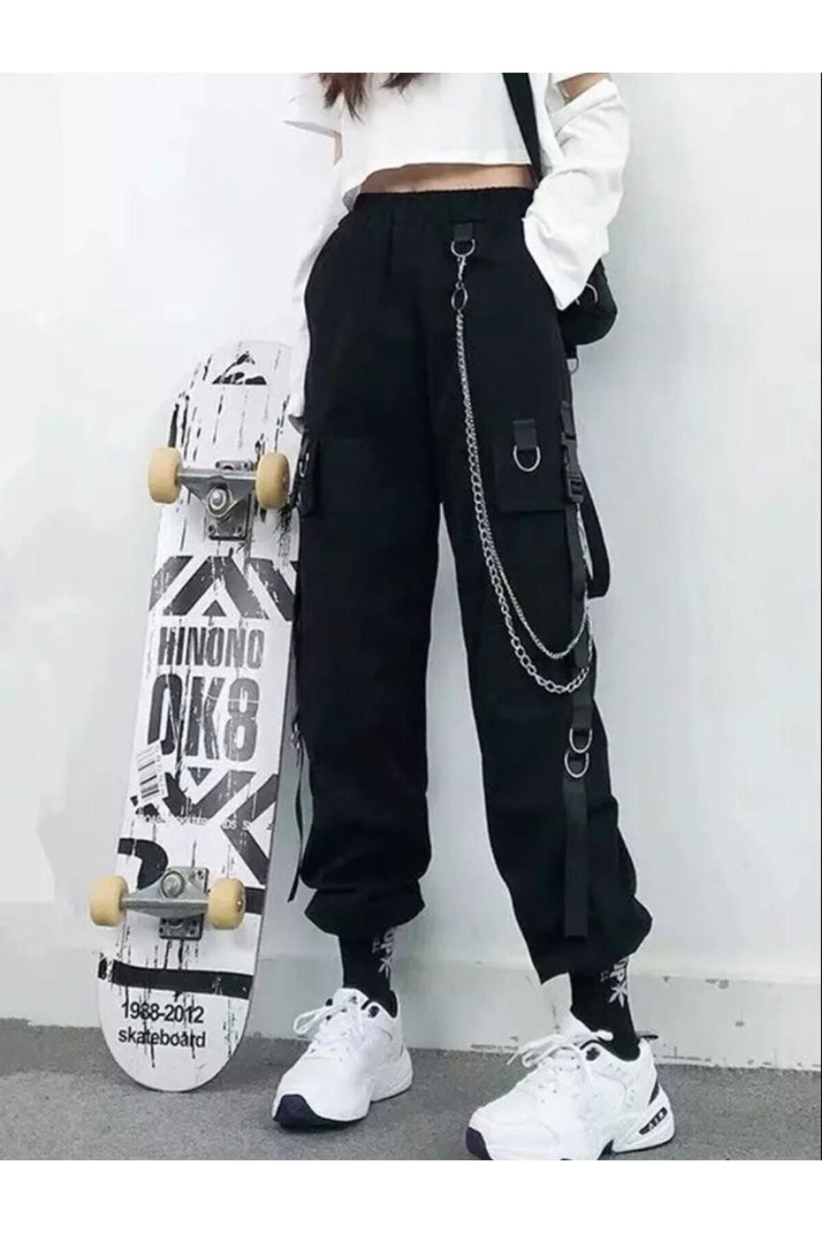 Kostebek Harajuku Black Elastic Waist Chain Detail Cargo Pants Trendyol