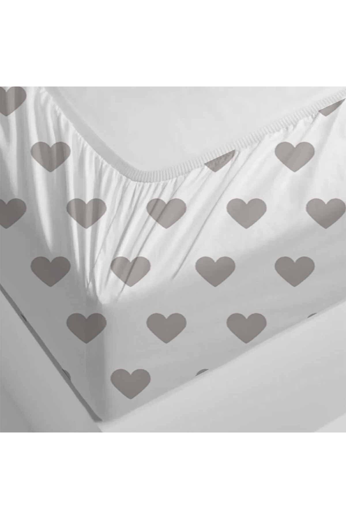 Else Dekor-Else White Gray Heart Patterned Elastic Double Elastic Pillowed Sheet Set 160x200cm 2