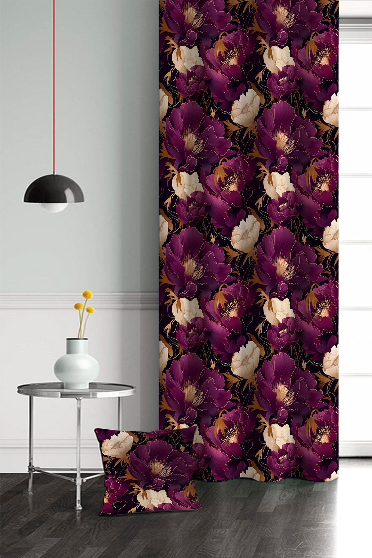 Else Dekor Cortina De Fundal Cu O Singură Aripă Cu Modele Imprimate Cu Flori De Culoare Galbenă Violet - 140 x 260