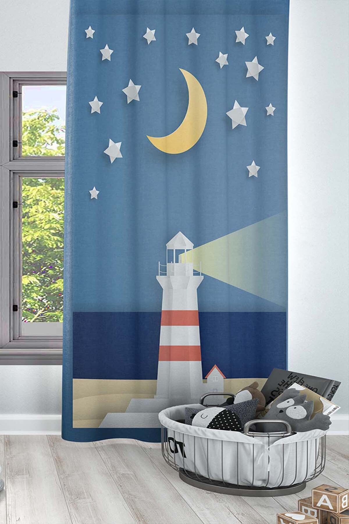 Else Dekor-Sailor Lantern Patterned Blue Children's and Baby's Room Background Curtain 2